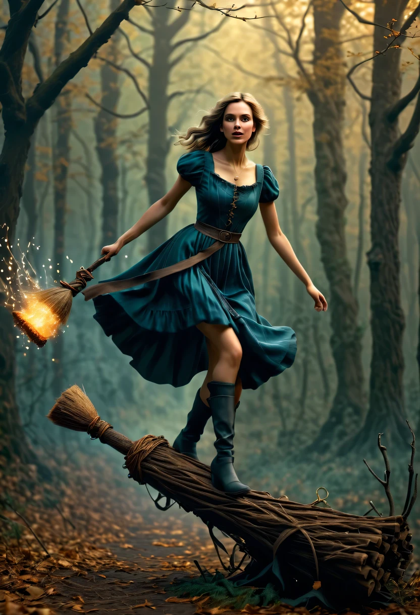 Ride a magic broomstick，epic magic fantasy，Epic fairy tale fantasy，