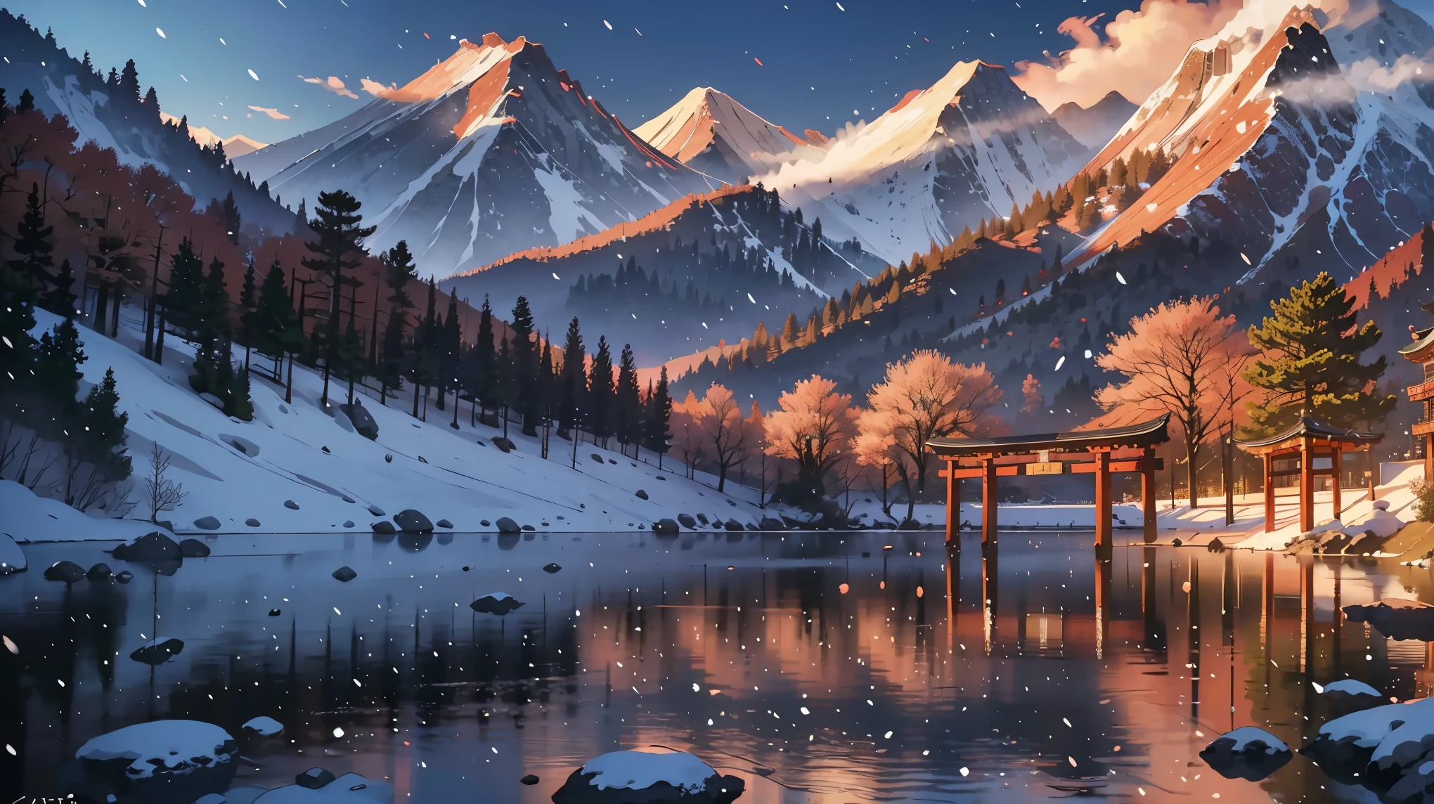 Beautiful shrine landscape, cherry blossoms, mountain far away, snowing, snow scatter,pines, background art, Japan art style, beautiful scene, detailed scenery - width 672, background art, landscape,  beautiful anime scenery, beautiful peace scene in anime, landscape artwork, Japan village, anime landscape concept art, 8k))
