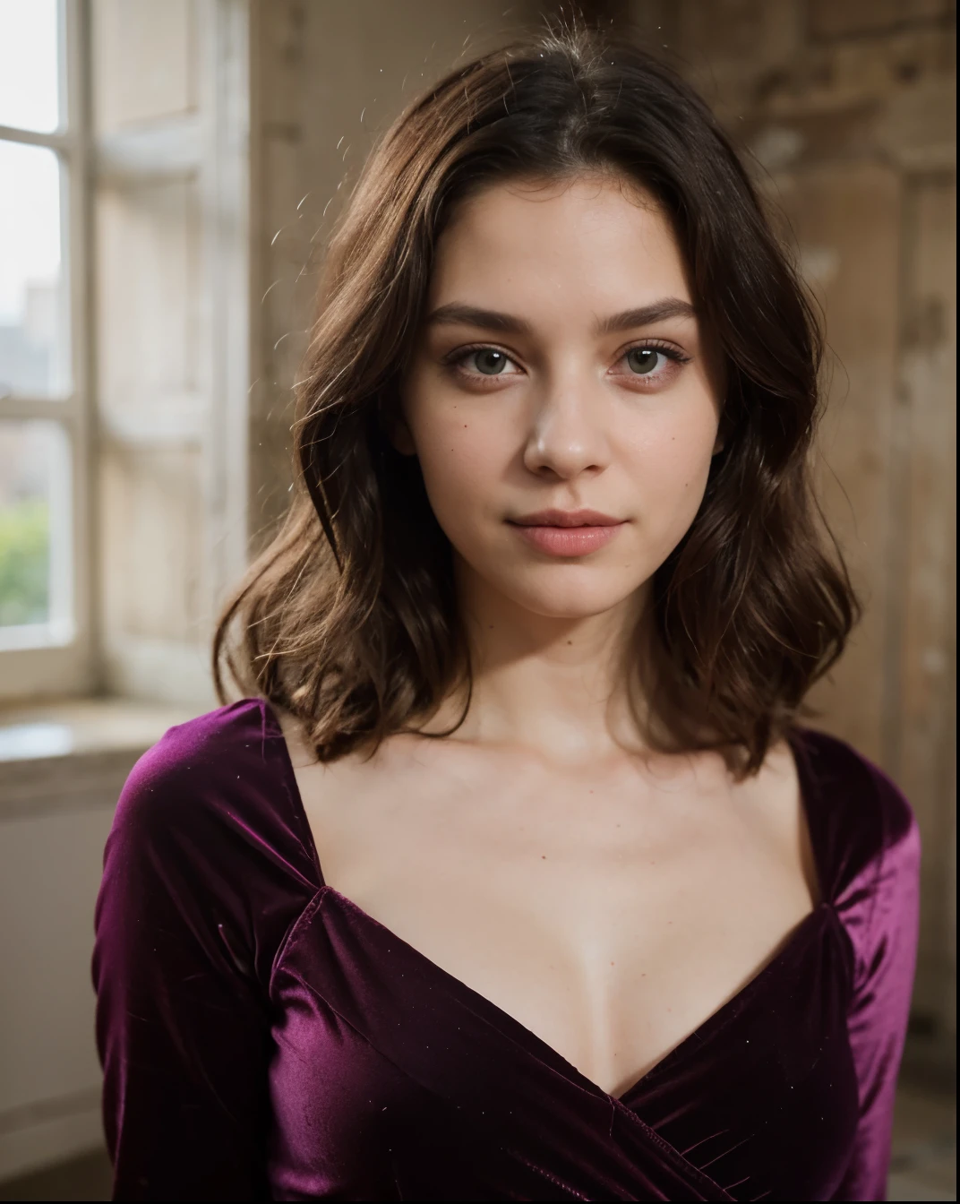 Cute beautiful sexy European light-green-eyed brunette, 22 years old,
seductive look in eyes, girl wears designer purple velvet dress, castle ruins, full body shot, walking, sardonic smile, purple velvet dress, pumps, bare legs, purple dress,
innocent face, face-length 1.3 times the face-width, almond-shaped eyes, squared face-shape, high cheekbones, naturally wavy hair, light-green eyes, high-res, masterpiece, best quality, intricate details, very detailed, sharp focus, detailed skin, realistic skin texture, texture, detailed eyes, professional, 4k, charming smile, shot with Canon, depth of field, Kodak Vision color, perfectly fitting body, extremely detailed, photo_\( ultra\), photorealistic, realistic, post processing, maximum details, roughness, real life, ultrarealistic, photorealism, photography, 8k UHD, photography