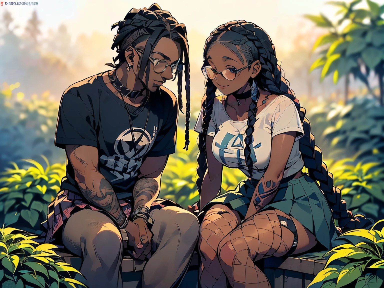 Photo of two people in love spending a quiet morning together, {((joyful ((lithe short ((dark-skinned Honduran)) punk girl with long freeform braided locs hairstyle and hairy legs)) (wearing cropped punk T-shirt and pleated skirt with fishnet stockings), plump thighs and soft big jiggly butt, (wearing diamond choker necklace), (cannabis flower tattoos on arms and legs), plump legs spread apart}, girl  sitting next to a ((cheerful tanned Haitian Dominican boy with long braided hair and glasses wearing colorful shirt with black jeans)) in middle of garden rolling up herbal joint while peacefully observing the sunrise, high quality photo, sitting quietly (with many cannabis sativa plants and juniper shrubs in garden during foggy sunrise)