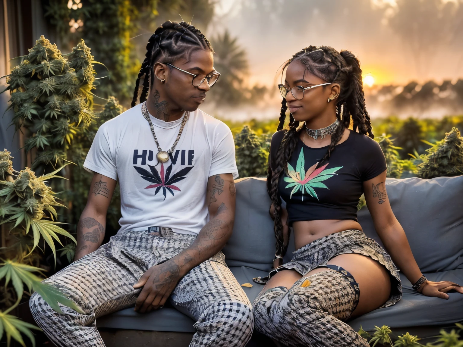 Photo of two people in love spending a quiet morning together, {((joyful ((lithe short ((dark-skinned Honduran)) punk girl with long freeform braided locs hairstyle and hairy legs)) (wearing cropped punk T-shirt and pleated skirt with fishnet stockings), plump thighs and soft big jiggly butt, (wearing diamond choker necklace), (cannabis flower tattoos on arms and legs), plump legs spread apart}, girl  sitting next to a ((cheerful tanned Haitian Dominican boy with long braided hair and glasses wearing colorful shirt with black jeans)) in middle of garden rolling up herbal joint while peacefully observing the sunrise, high quality photo, sitting quietly (with many cannabis sativa plants and juniper shrubs in garden during foggy sunrise)