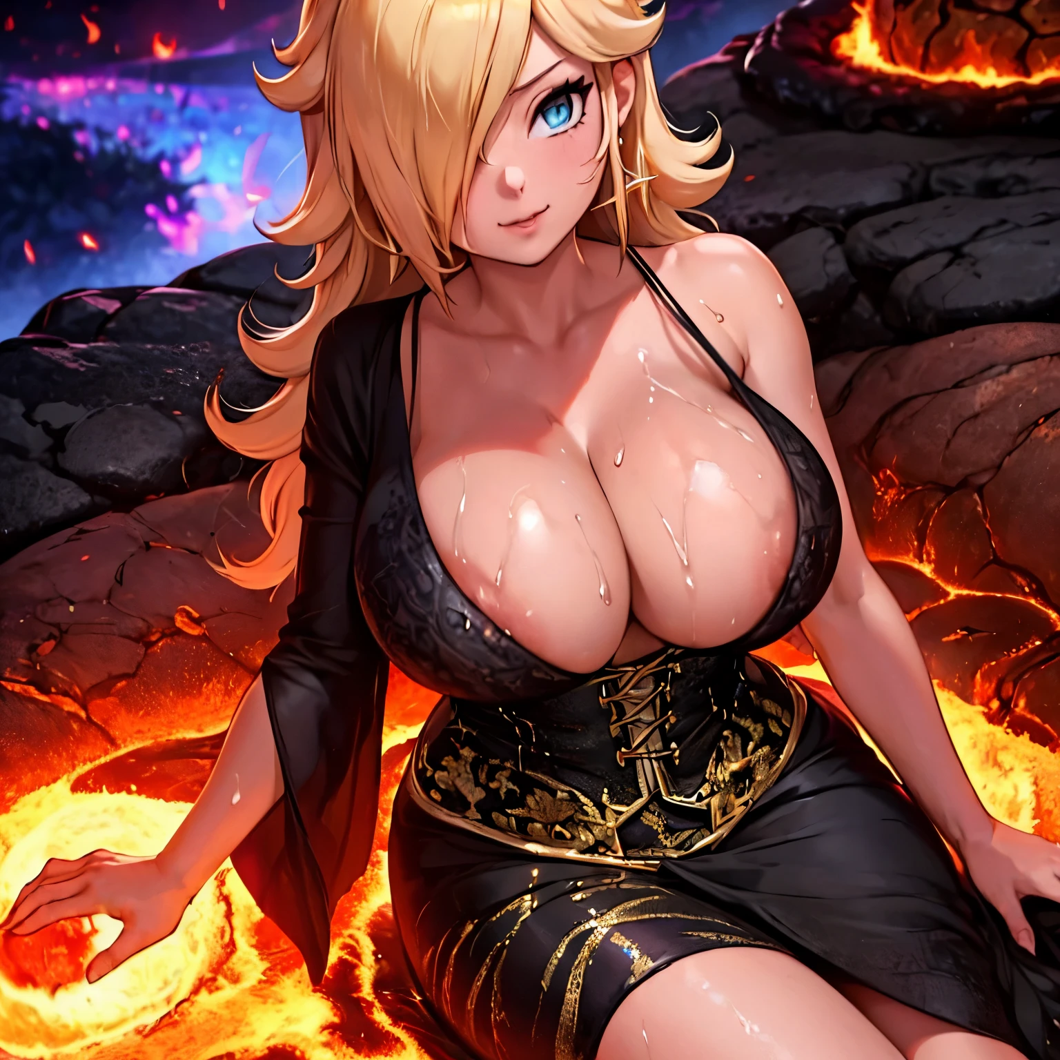 Rosalina, Hot cleavage, frontal view of the tits, Tits in close-up, hot provocative tits, very hot cleavage, only her, 1 girl, titfuck pose, titfuck position, titfuck view, blue corset, crown, full body, crown visible, covered nipples, sweet smile, into the volcano, her tits touch the lava and Rosalina burns, Rosalina's tits are on fire and burn in the lava, The floor is molten lava, lava bath, covered in lava, her tits are burning from the lava.  lava background,  burned on the lava,  burning on the lava, her tits burning from the lava, sweaty tits, sweaty, very hot environment, very high temperature, in a volcano, Tits covered with lava, tits in the lava, burning  in The lava, Tits resting on the lava while they burn, Tits with a lot of sweat, very wet tits, tits soaked in lava, hot lava touching and wetting her tits, burning tits, very sweaty tits, Rosalina lying on the floor with lava while her tits are resting on the lava and are burning from the lava, A river of lava under her tits begins to burn her corset, her tits are smoldering and burning, her tits are reddened from the heat of the lava and magma running across the floor and reaching her tits, cleavage fuckable, titty fuckable, titty front view, tits looking at viewer, tits in closeup, hot tits, tits ready to titfuck, POV titfuck, POV titfuck pose 