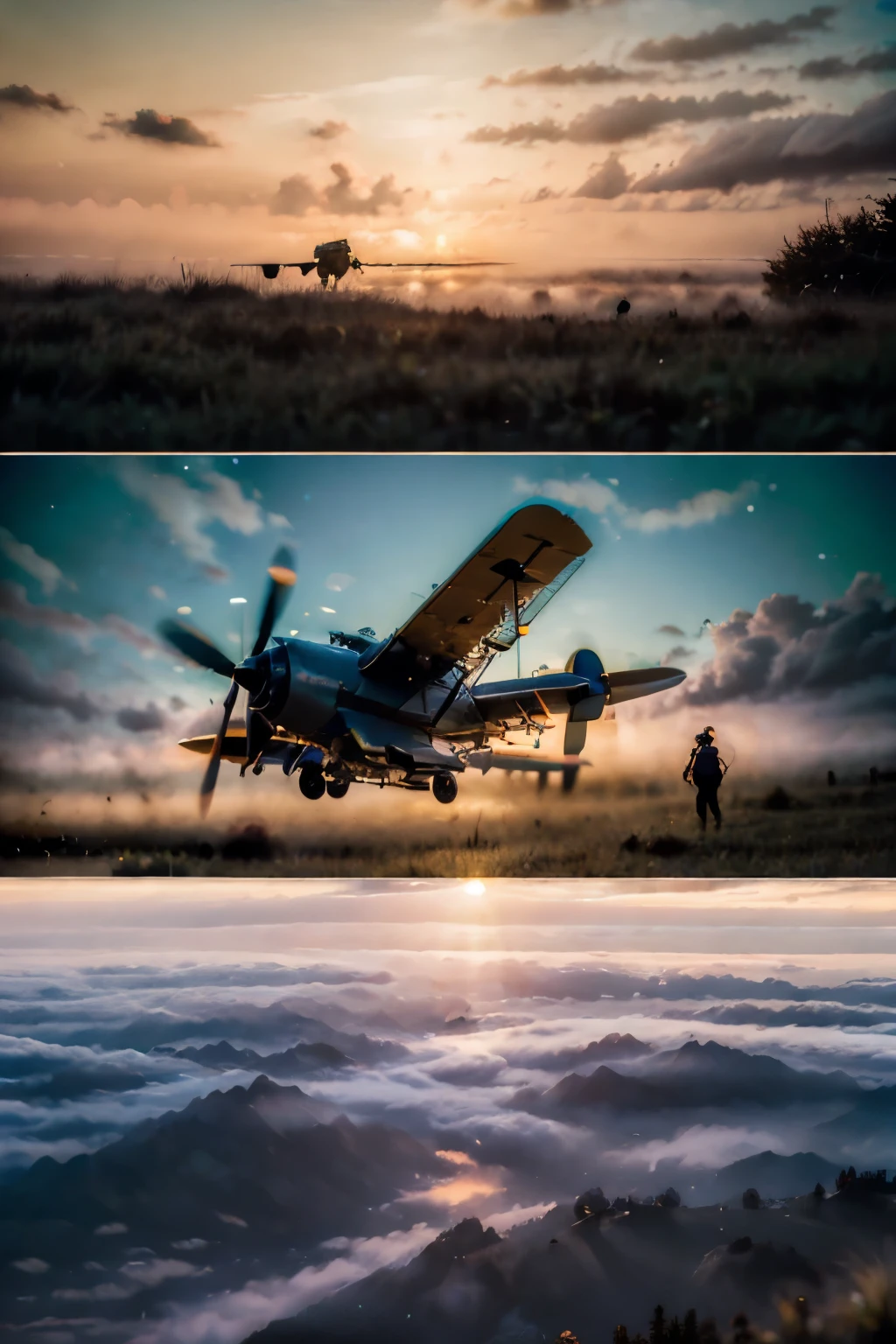 (8k, RAW photo, best quality, masterpiece:1.2),(realistic, photo-realistic:1.37), ((best quality)), ultra high res,extremely detailed CG unity 8k wallpaper, physically-based rendering,cinematic lighting,full body, (bokeh:1.4), (1boy), sit, watch sunset, warm sunset, beautiful sky, cloudy, airplane trails, view from far, from below
