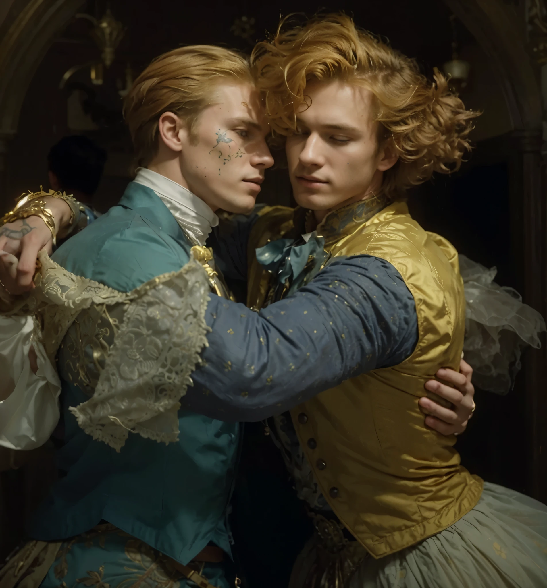 Ultra-realistic cinematic image, 8k The image shows two young MEN in an indoor environment with baroque decoration, suggesting a historical or fantasy era. Both are dressed in opulent, detailed clothing., com tons de azul e amarelo predominantes. The young man on the left has blonde hair with tattoos or decorative designs on his face and is dressed in a white shirt and blue jacket. The young man on the right has wavy orange hair and is wearing a yellow jacket with decorative details. They both seem to be in an intimate moment, with the young man on the left holding the other in a hug. The lighting in the image is soft and gives a sense of dramatic and romantic atmosphere..