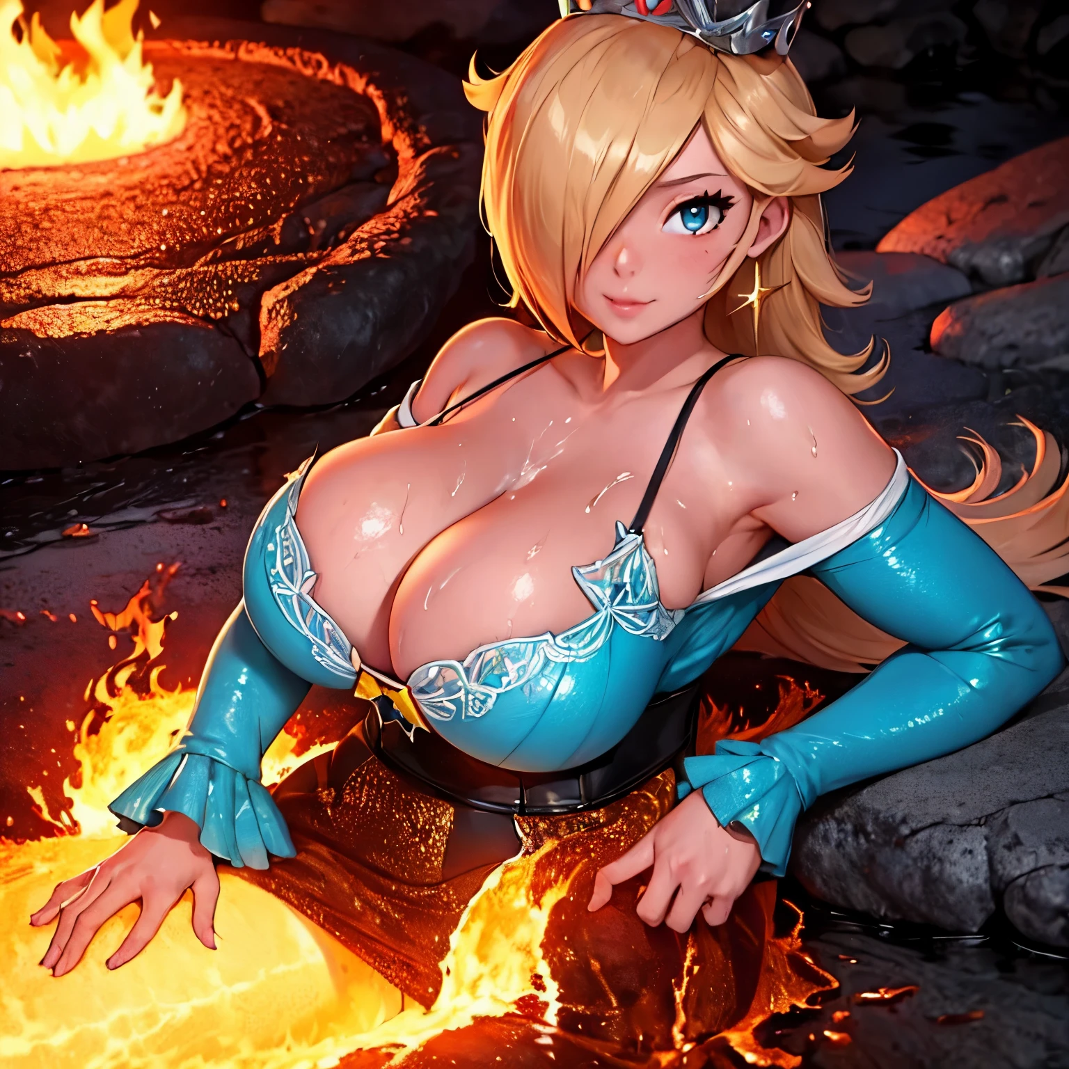 Rosalina, Hot cleavage, frontal view of the tits, Tits in close-up, hot provocative tits, very hot cleavage, only her, 1 girl, titfuck pose, titfuck position, titfuck view, blue corset, crown, full body, crown visible, covered nipples, sweet smile, into the volcano, her tits touch the lava and Rosalina burns, Rosalina's tits are on fire and burn in the lava, The floor is molten lava, lava bath, covered in lava, her tits are burning from the lava.  lava background,  burned on the lava,  burning on the lava, her tits burning from the lava, sweaty tits, sweaty, very hot environment, very high temperature, in a volcano, Tits covered with lava, tits in the lava, burning  in The lava, Tits resting on the lava while they burn, Tits with a lot of sweat, very wet tits, tits soaked in lava, hot lava touching and wetting her tits, burning tits, very sweaty tits, Rosalina lying on the floor with lava while her tits are resting on the lava and are burning from the lava, A river of lava under her tits begins to burn her corset, her tits are smoldering and burning, her tits are reddened from the heat of the lava and magma running across the floor and reaching her tits, cleavage fuckable, titty fuckable, titty front view, tits looking at viewer, tits in closeup, hot tits, tits ready to titfuck, POV titfuck, POV titfuck pose 