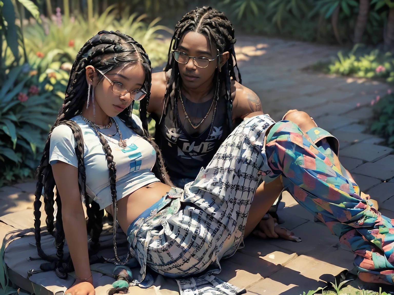 Photo of two people in love spending a quiet morning together, {((joyful ((lithe short ((dark-skinned Honduran)) punk girl with long freeform braided locs hairstyle and hairy legs)) (wearing cropped punk T-shirt and pleated skirt with fishnet stockings), plump thighs and soft big jiggly butt, (wearing diamond choker necklace), (cannabis flower tattoos on arms and legs), plump legs spread apart}, girl  sitting next to a ((cheerful tanned Haitian Dominican boy with long braided hair and glasses wearing colorful shirt with black jeans)) in middle of garden rolling up herbal joint while peacefully observing the sunrise, high quality photo, sitting quietly (with many cannabis sativa plants and juniper shrubs in garden during foggy sunrise)