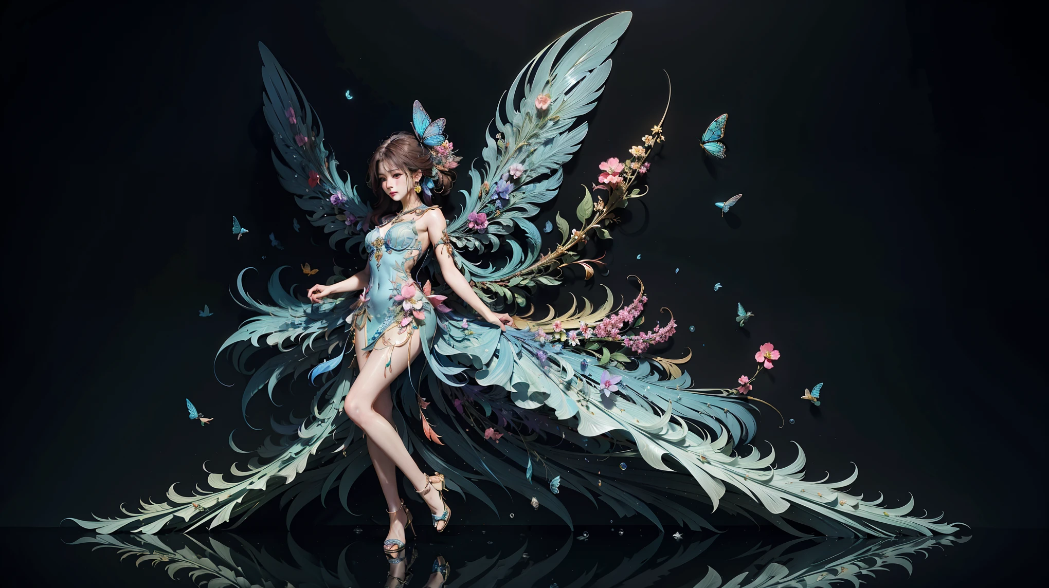 (Masterpiece,highest priority,best quality,official art,beauty and beauty:1.2),(1 girl, ),(translucent colored wings:1.1),(Colorful dresses:1.1)(fractal art:1.1),Most Detailed,full body, (abstract background:1.3), (Shiny skin), (many colors:1.4), ,(earring),(flower:1.3),