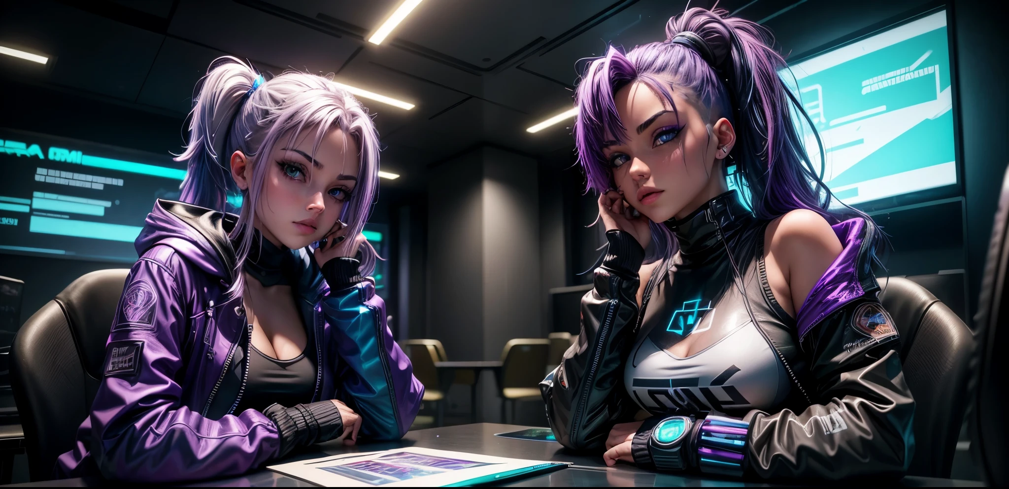 Imagem de uma  sentada em uma cadeira em frente a uma mesa de computador, sala de jogos, Tema gamer, cyberpunk setting, in a cyberpunk themed room, purple and cyan lighting, sala de jogos em 2 0 4 0, gamer aesthetic, Jogos LED, with neon lighting, mesa de jogos, ambient lighting from top, quarto  cyberpunk, Cyberpunk with neon lighting purple hair blue eyes 8K extremely detailed, liso, high resolution, ultra qualidade, olhos altamente detalhados, boca altamente detalhada, rosto altamente detalhado, olhos perfeitos, both eyes are equal, luz verdadeira, brilho, iridescente, global ilumination, movimento real do cabelo, Luz Real, Sombra Real, rosto real, disco Rigido, 2K, 4k, 8k, 16k, Luz realista, Sombra realista, olhos brilhantes, olhos fluorescentes, luz suave, luz dos sonhos,anime, ..........3d, Japan, Pixar, obra-prima, melhor qualidade