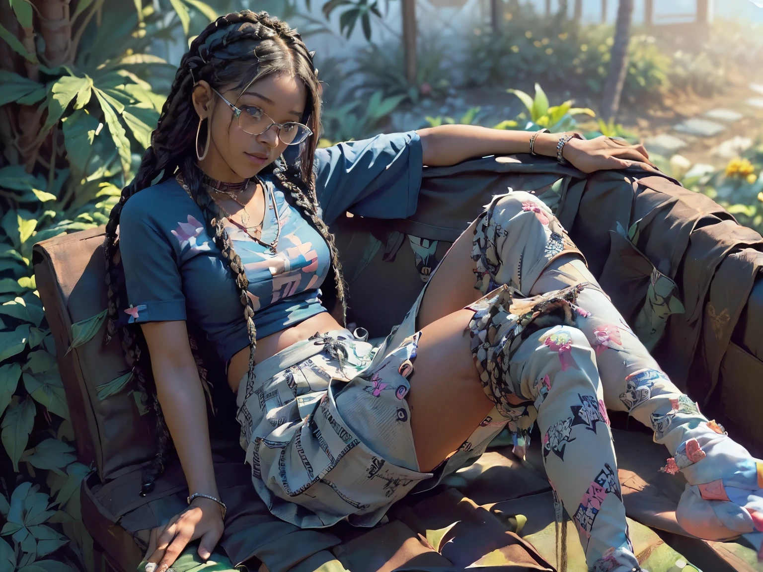 Photo of two people in lust spending a quiet morning together, {((joyful ((lithe short ((dark-skinned Honduran)) punk girl with long freeform braided locs hairstyle and hairy legs)) (wearing cropped punk T-shirt and pleated skirt with fishnet stockings), plump thighs and soft big jiggly , (wearing diamond choker necklace), (cannabis flower tattoos on arms and legs), plump legs spread apart}, holding each other's hands, girl sitting next to a ((cheerful tanned Haitian Dominican boy with long braided hair and glasses wearing colorful "death metal" shirt with houndstooth jeans)) in middle of garden rolling up herbal joint while peacefully observing the sunrise, high quality photo, sitting quietly (with many cannabis sativa plants and juniper shrubs in garden during foggy sunrise)