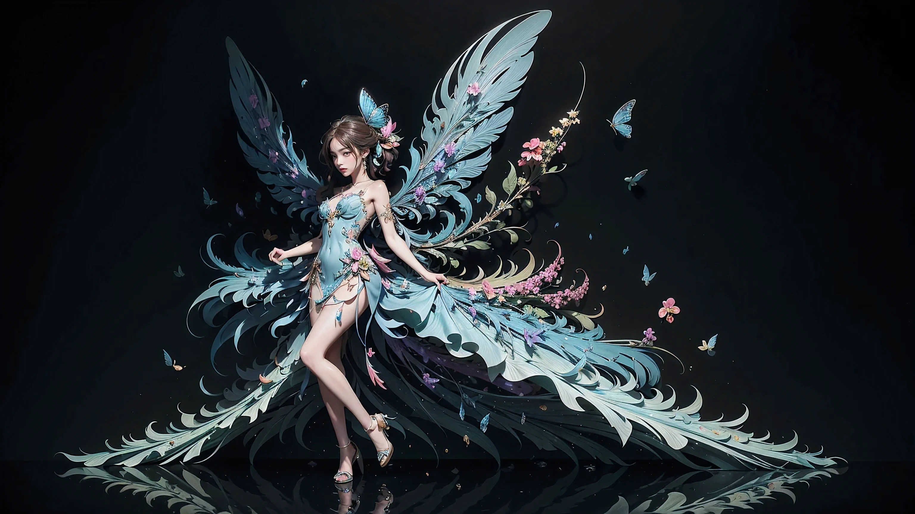 (Masterpiece,highest priority,best quality,official art,beauty and beauty:1.2),(1 girl, ),(translucent colored wings:1.1),(Colorful dresses:1.1)(fractal art:1.1),Most Detailed,full body, (abstract background:1.3), (Shiny skin), (many colors:1.4), ,(earring),(flower:1.3),