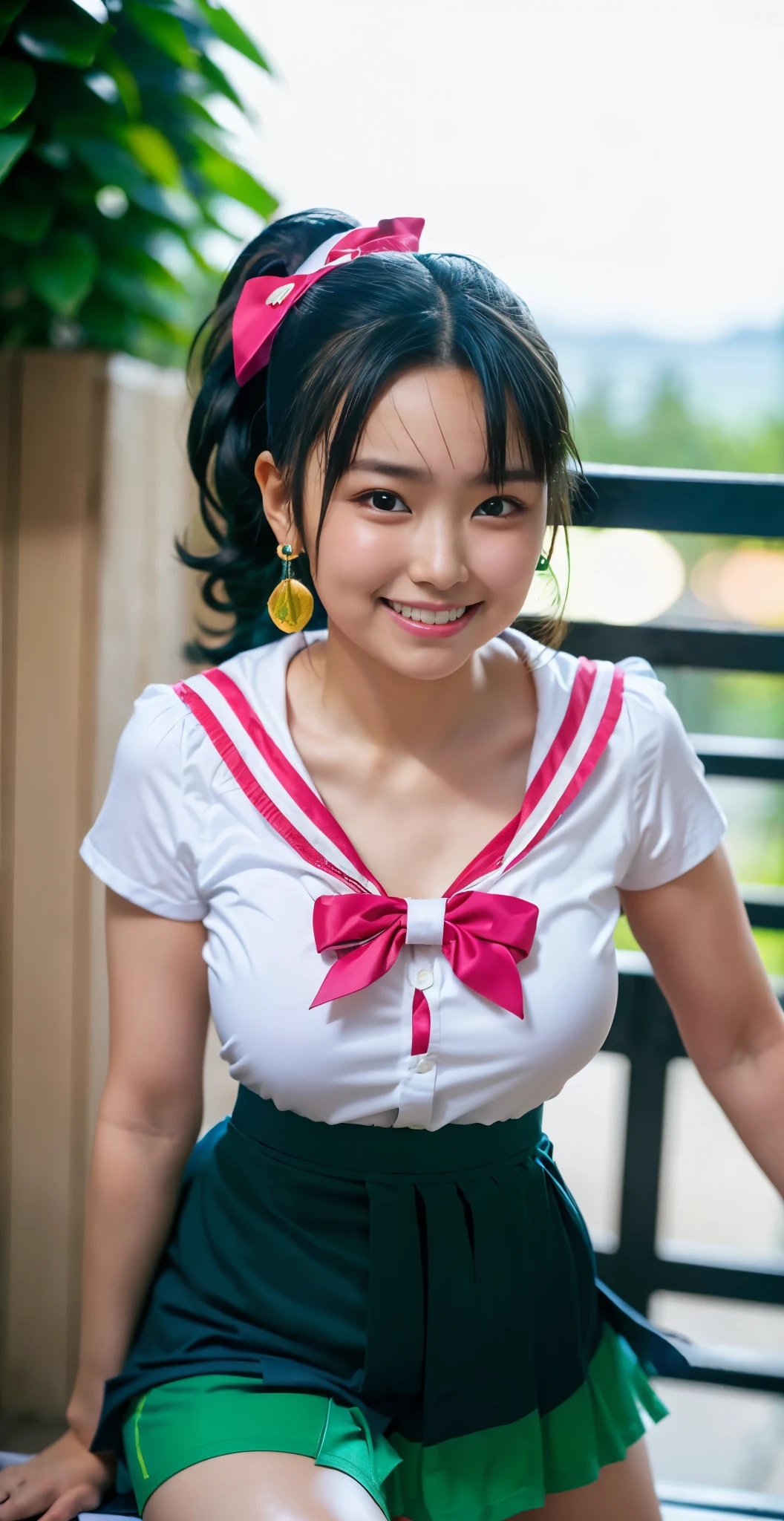 （8K、Raw photography、highest quality、masterpiece：1.2),(black hair:1.7),(ponytail:1.3)、show viewer,Looking at the front,(super sentai series、Green Ranger、Super Beautiful Girl Warrior、She is wearing a colorful PreCure series costume.:1.8)、(Clothing that emphasizes the shape of your chest:1.4)、(big breasts :1.4)、slim body shape、ultra high resolution,beautiful,beautiful fece,(no background、one person:1.9),whole bodyボディー,、(black eye、japanese woman: 1.3),（Photoreal：1.37）、photon mapping,reality、(very cute: 1.3)、(cute smile: 1.7)、(With a round face: 1.9)、radio city、Physically based rendering、depth of field rally background、photograph, (skirt is too short: 1.9)、(I can see your knees,close up of thighs、spread your legs、showing off white panties:1.4),whole body、super fine