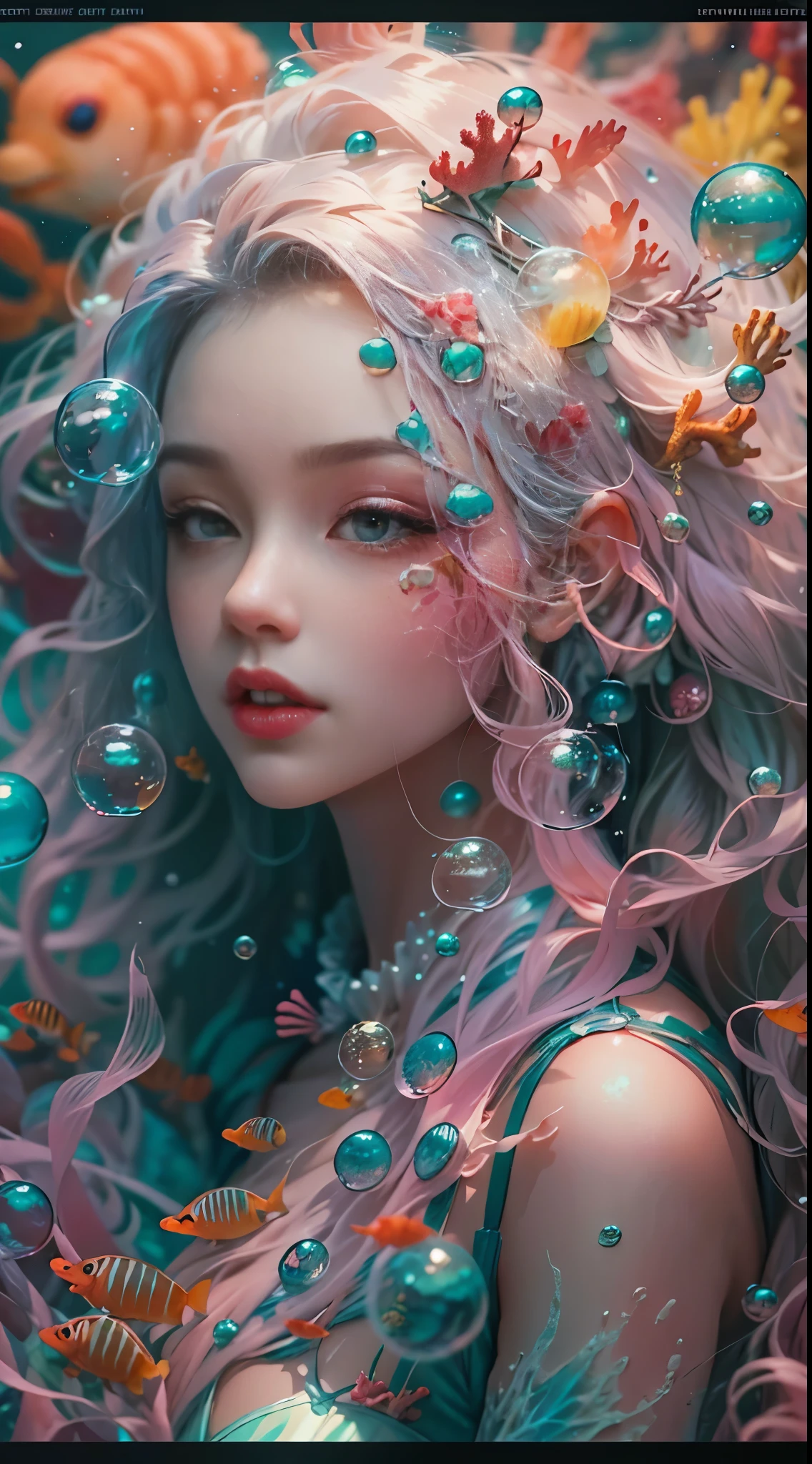 ModelShoot style, (Extremely detailed Cg Unity 8K wallpaper), A chaotic storm of intricate liquid smoke in the head, Stylized abstract photo of mermaid girl, wetted skin,Clownfish，Beautiful clownfish，Schools of clownfish with oddly shaped corals，ocean floor，Beautiful coral reef in the background，Rochas,Marine life，colorful coral reef,Decorate with coral reefs,author：Petros Afshar, ross tran, tom whalen, Peter Mohrbacher, Art germ, ((bubbly underwater scenery)) Radiant light octane rendering is highly detailed, inspired by Yanjun Cheng, Beautiful digital artwork, Guviz-style artwork, 8K highly detailed digital art, Beautiful digital illustration, Cute detailed digital art, stunning digital illustration, A beautiful artwork illustration, Exquisite digital illustration,8K detailed digital art,
Warming up