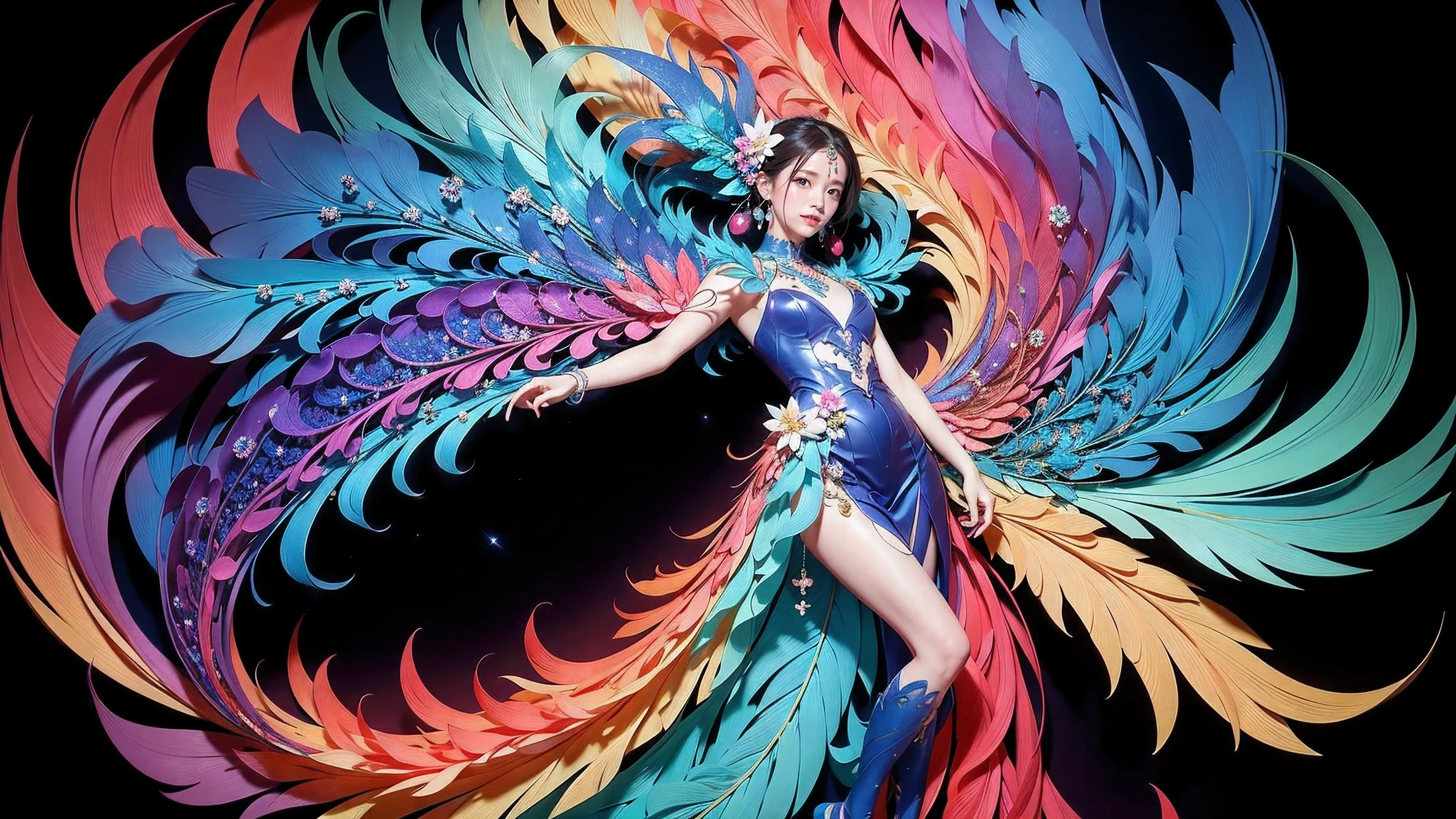 （Masterpiece，highest priority，best quality，official art，beauty and beauty：1.2），（1 girl, ），（translucent colored wings：1.1），（Colorful dresses：1.1）（fractal art：1.1），Most Detailed，full body, (abstract background:1.3), (Shiny skin), (many colors:1.4), ,(earring),（flower：1.3），