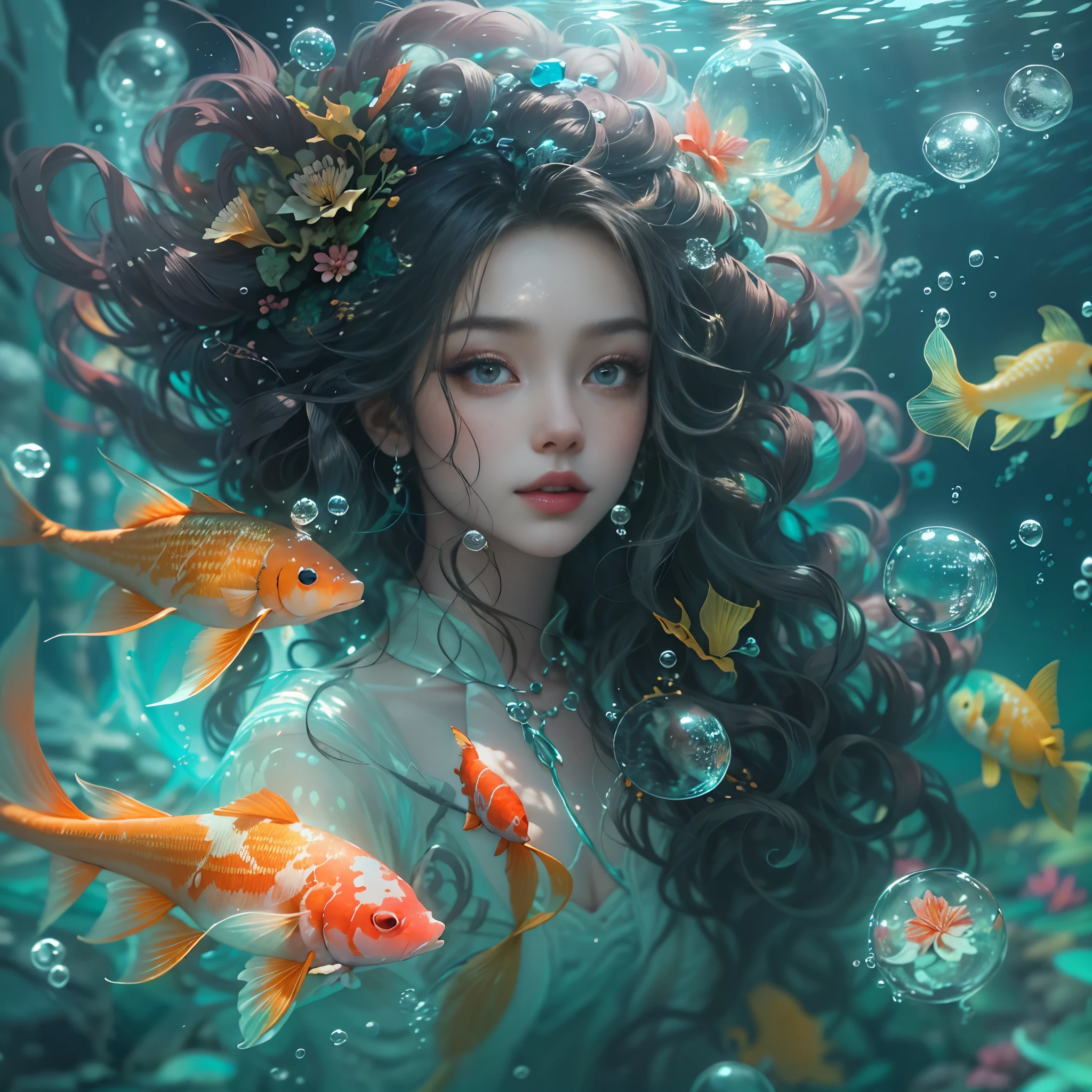 ModelShoot style, (Extremely detailed Cg Unity 8K wallpaper), 1 queen avatar,diadems,curlies,Long hair flowing in the water,Long curly hair fluttering in the water,A chaotic storm of intricate liquid smoke in the head, Stylized beautiful full-length abstract portrait, wetted skin, Beautiful koi,Flocks of koi,carp,Futuristic underwater translucent ice palace close-up,Colorful tropical fish, Beautiful coral reef in the background,Undersea Kingdom,Igloo,Ice Sculpture Palace,Ice cube room,The palace of the Ice Queen,light leaks,depth of fields,Amazing scenery,author:Petros Afshar, ross tran, tom whalen, Peter Mohrbacher, Art germ, Broken glass, ((bubbly underwater scenery)) Radiant light octane rendering is highly detailed