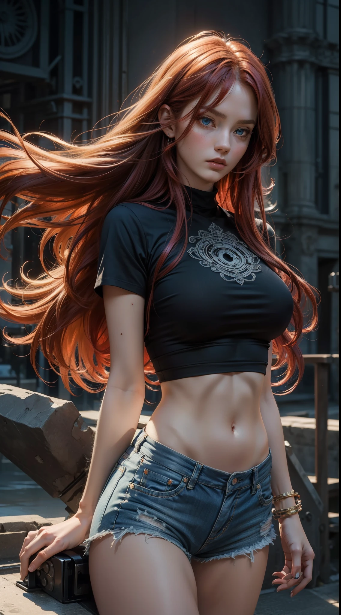 ((Best Quality)), ((Masterpiece)), (Detailed: 1.4), 8k, 1girl, blue eyes, red hair, very long hair, silky hair, big chest, slim waist, big body, defined body, thick thigh, well defined thigh. Wearing ripped micro shorts, babylook t-shirt. A concentration pose looking seriously at the viewer, low angle, view from the ground. Emitting a huge aura enveloping the entire body, a whirlpool of immense power enveloping the entire body, ki charge, intricate white aura with red aura.