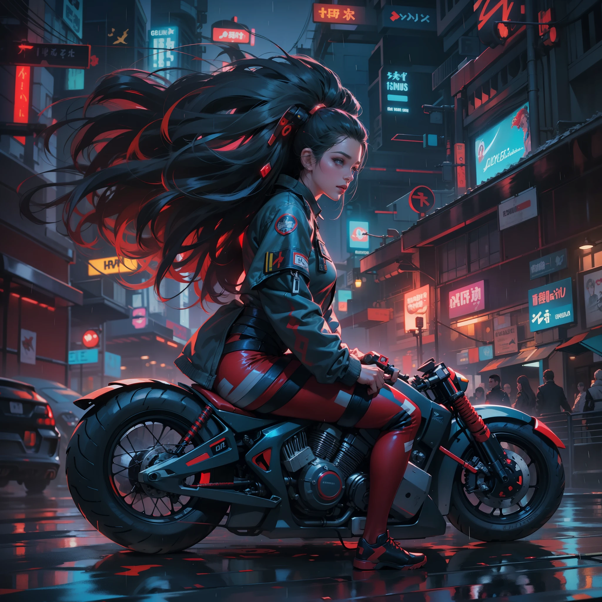 (Cyberpunk theme), (best quality), (front view), (hyper detailed), trending on artstation, (cinematic scene), flying cars in the sky, dark red leggings, motos voadores, Girl on a motorcycle in the city on a rainy day, camisa preta estampada, glowing light, (shiny circuits), pele detalhada, bright neon lights, olhos verdes luminosos, hair ornaments, long hair, cabelo vermelho escuro, (colorful), cabelo longo, curvy, pele molhada, cabelo molhado, immersive ambient, [blurred background], reflecting puddles, dark intense shadows