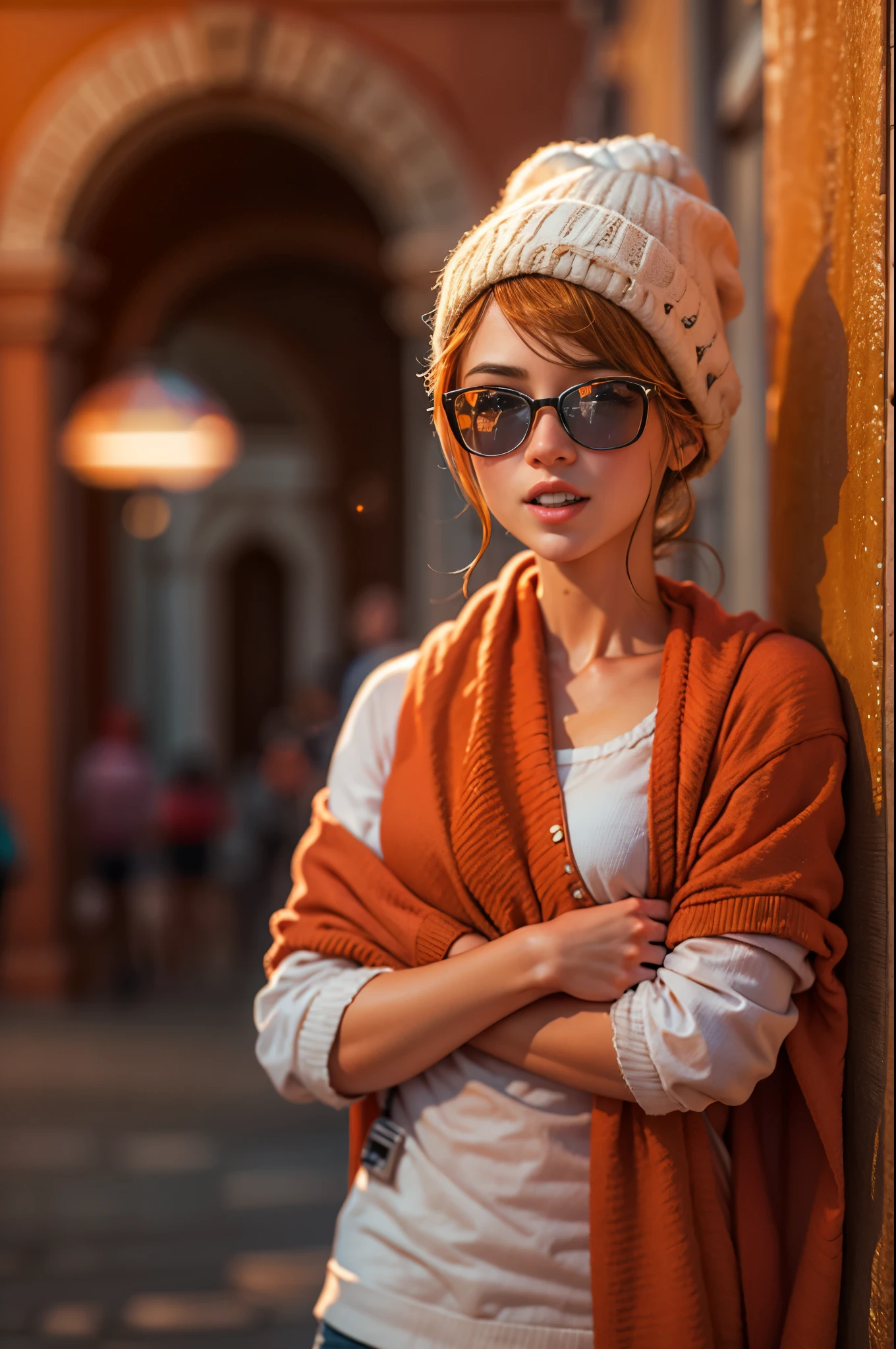DSLR, F/2.8, Lens Flare, 5D, 16k, Super-Resolution . realistic style, key visual, vibrant, studio realistic, highly detailed A surprised whimsical girl clutched in red towel standing in a and cute busty ginger venus, Lively gestures and facial expression , sunglasses, perfect face, big eyes, rome as background, italys Flare, 5D, 16k, Super-Resolution . realistic style, key visual, vibrant, studio realistic,,highly detailed, graphic 3d model, render, comic art, graphic novel art, vibrant, detailed character design