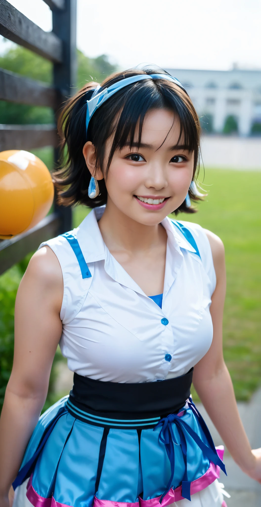 （8K、Raw photography、highest quality、masterpiece：1.2),(black hair:1.6),(very short hair:1.9)、show viewer,Looking at the front,(super sentai series、Blue Ranger、Super Beautiful Girl Warrior、She is wearing a colorful PreCure series costume.:1.8)、(Clothing that emphasizes the shape of your chest:1.4)、(big breasts :1.4)、slim body shape、ultra high resolution,beautiful,beautiful fece,(no background、one person:1.9),whole bodyボディー,、(black eye、japanese woman: 1.3),（Photoreal：1.37）、photon mapping,reality、(very cute: 1.3)、(cute smile: 1.7)、(With a round face: 1.9)、radio city、Physically based rendering、depth of field rally background、photograph, (skirt is too short: 1.9)、(I can see your knees,close up of thighs、spread your legs、showing off white panties:1.4),whole body、super fine