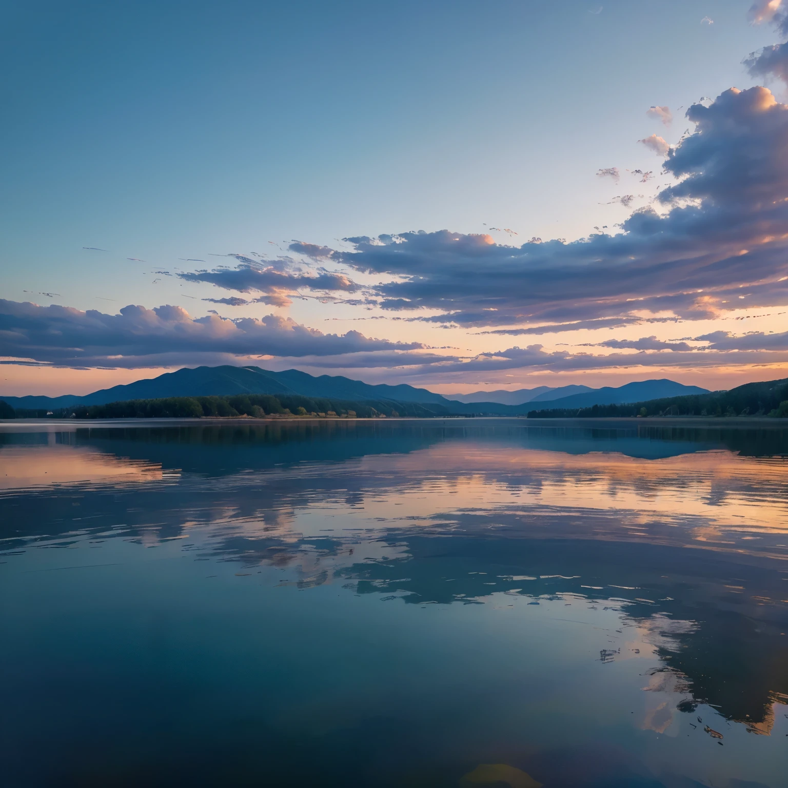 (maximum quality image, masterpiece), detailed landscape, tranquil lake (reflecting the vibrant sky at dusk),nuances of colors,quiet.