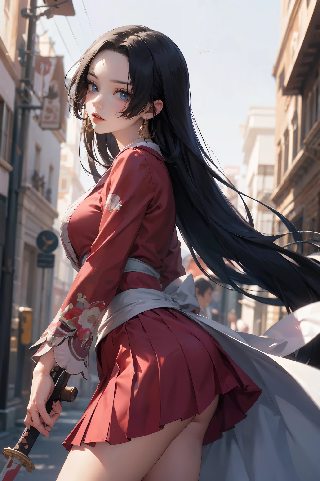 masterpiece, Best Quality, absurderes, Perfect Anatomy, Unity 8k Wallpapers,best anime,dynamic angle、action pose:Slashing、cowboy shot,20 year old beauty、boa hancock,black hair,long hair, ,slender body,large breasts,Turn your body to the viewer、waitress,red kimono、Red pleated mini skirt、1Hold a real sword with both hands、A precise and accurately drawn sword、fight with one sword、outdoor、wilderness、