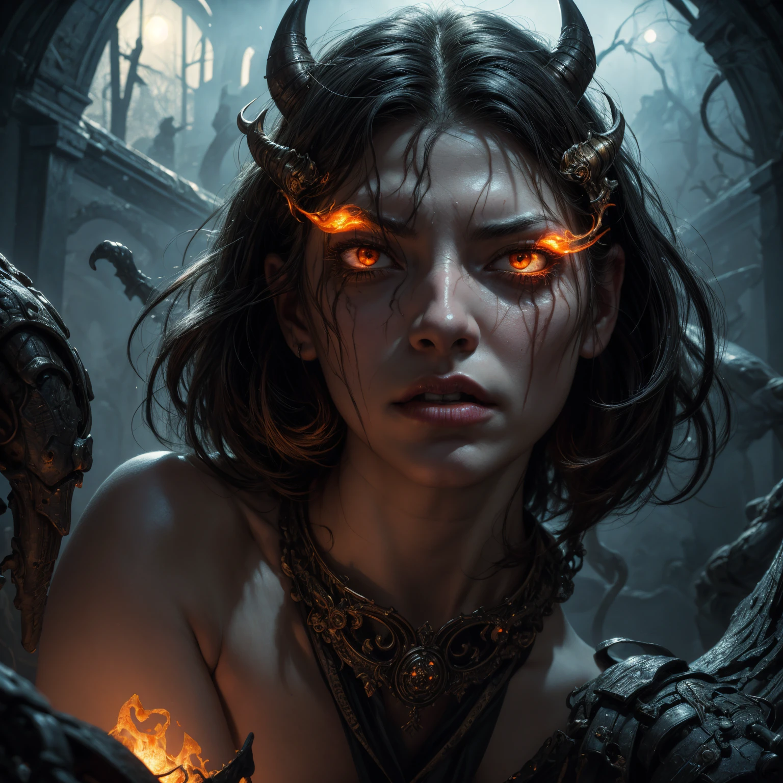 art by ((Luis Royo)) A scary breathtaking Ghost Jinnat, Jinn, Demon, Ifrit, horror, haunted, ghost, night scary, luminism, ultra highly detailed, 32 k, Fantastic Realism complex background, dynamic lighting, lights, digital painting, intricated pose, highly detailed intricated, subtle nudity, nsfw, exposed, (((Fractal art)))