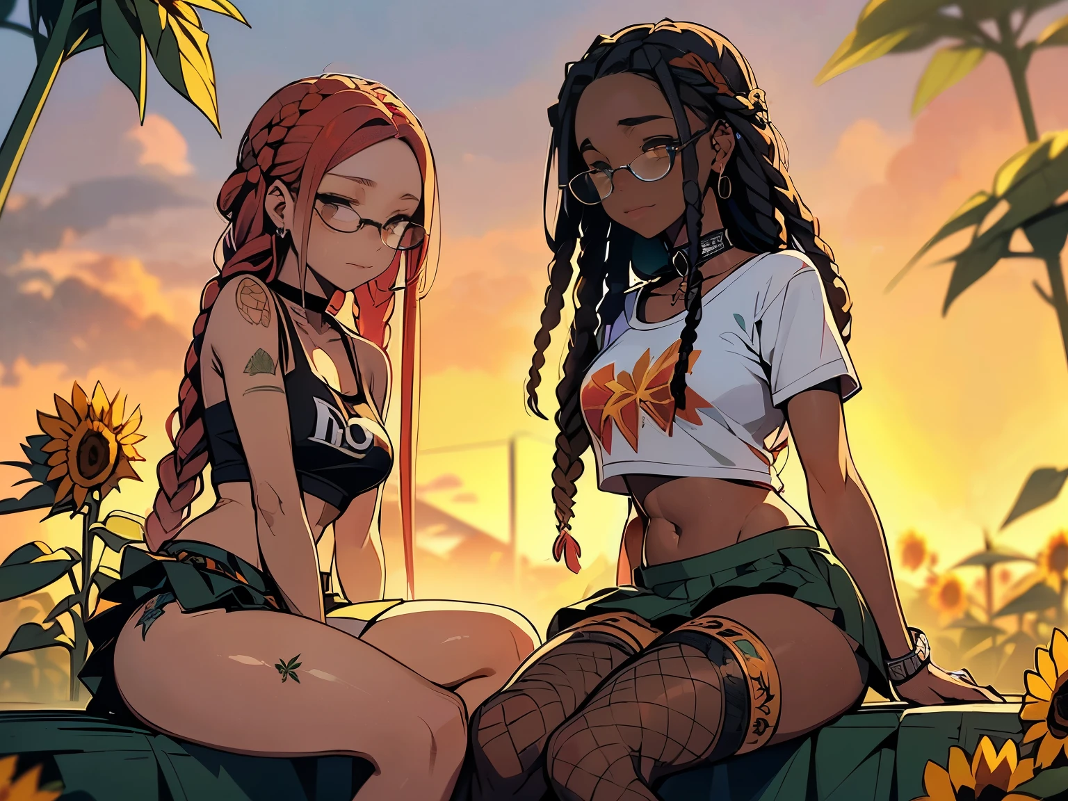 Photo of two people in arousing lust spending a quiet morning together holding each other, {((joyful ((lithe short ((dark-skinned Honduran)) punk girl with long freeform braided locs hairstyle and hairy legs)) (wearing cropped punk T-shirt and pleated skirt with fishnet stockings), plump thighs and soft big jiggly butt, (wearing diamond choker necklace), (cannabis flower tattoos on arms and legs), plump legs spread apart}, girl sitting next to a ((cheerful tanned Haitian Dominican girl with long braided red hair and Versace glasses wearing shirt with "PlayStation logo" over small teardrop breasts with tattered skinny jeans)) in middle of garden rolling up herbal joint while peacefully observing the sunrise, high quality photo, sitting quietly (with many cannabis sativa plants and sunflowers in garden during foggy sunrise)