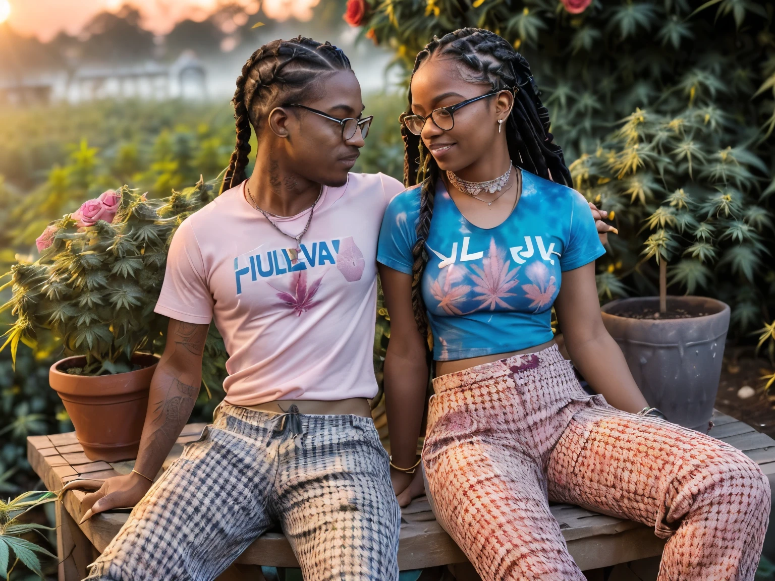 Photo of two people in love spending a quiet morning together, {((joyful ((lithe short ((dark-skinned Honduran)) punk girl with long freeform braided locs hairstyle and hairy legs)) (wearing cropped punk T-shirt and pleated skirt with fishnet stockings), plump thighs and soft big jiggly butt, (wearing diamond choker necklace), (cannabis flower tattoos on arms and legs), plump legs spread apart}, girl sitting next to a ((cheerful tanned Haitian Dominican boy with long braided hair and glasses wearing tie-dyed "math-rock band piglet" shirt with houndstooth pants)) in middle of garden while peacefully observing the sunrise with moka pot brewed coffee, high quality photo, sitting quietly (with many cannabis sativa plants and rose shrubs in garden during foggy sunrise)