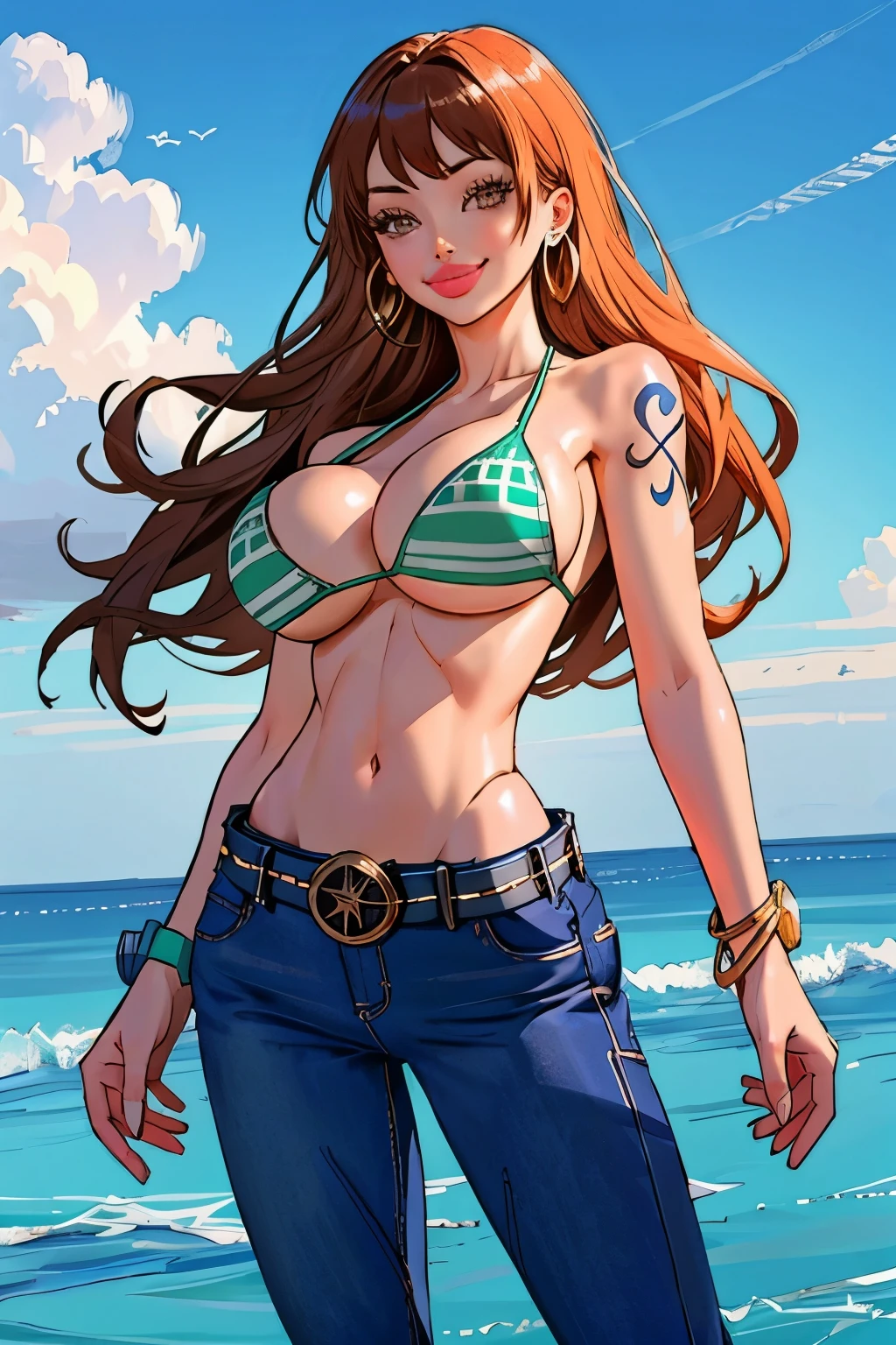 detailed background, masterpiece, best quality, 1girl, solo, nami \(one piece\), 1girl, bangle, bangs, bare shoulders, belt, bikini, bikini top only, blue sky, bracelet, breasts, brown eyes, bubble, cleavage, cloud, cowboy shot, day, denim, earrings, (slendered abs)floating hair, green belt, green bikini, groin, jeans, jewelry, large breasts, log pose, long hair, looking at viewer, navel, orange hair, pants, shoulder tattoo, sidelocks, sky, smile, solo, standing, stomach, swimsuit, tattoo , looking at viewer