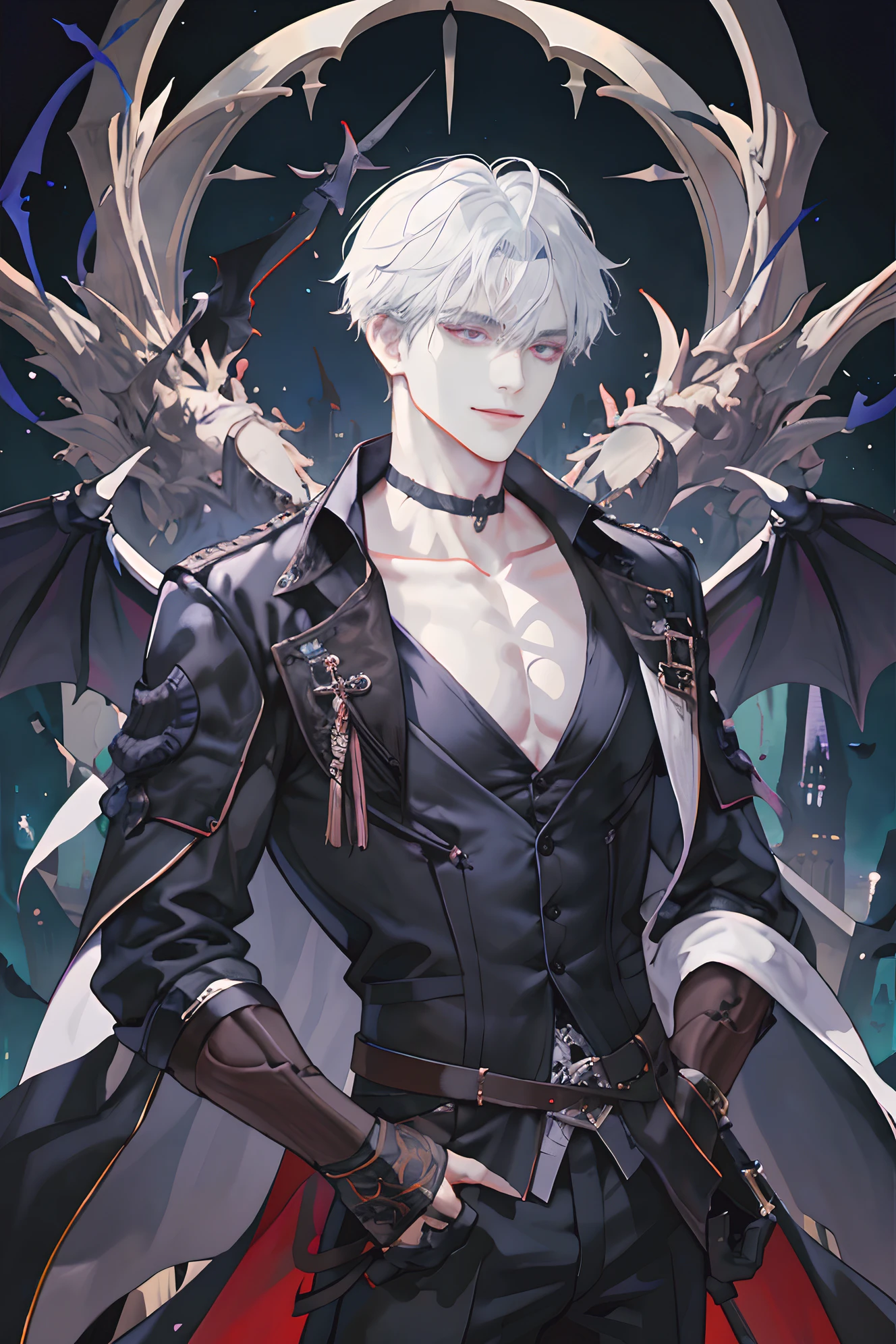 （tmasterpiece，hight resolution，ultra - detailed:1.0），（1 boy，Young men:1.3），（Perfect male body），（Male puppies），exposing the chest and collarbone, Delicate eyes and delicate face，extremely details CG，Unity 8k壁纸，intricate-detail，ssmile，demonic horns，Facing away from the light source，Eyes glowing purple，demonic wings，（A seductive smile), Solo, full body Esbian, Detailed background, Detailed face, (Medieval Gothic theme:1.1),  Dynamic Pose, (Sexy Menswear, Sexy leather clothes, Gothic style clothing），medieval clothing, gloomy castle，Castle background，a medieval castle，white  hair、sportrait、Korean style makeup
