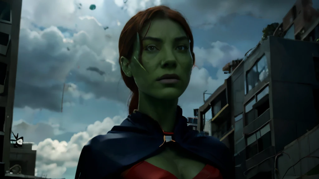 Martian girl, (green skin) (scalped head), (red eyes), muscular face, blue bikini, blue cape with a red stone around her neck, floating above the ground, near buildings, looking down with contempt, talking to someone, photorealistic, cinematic, (overcast) (front view) (low camera angle)4k resolution, hyperdetailed, cinematic scene composition by james gunn