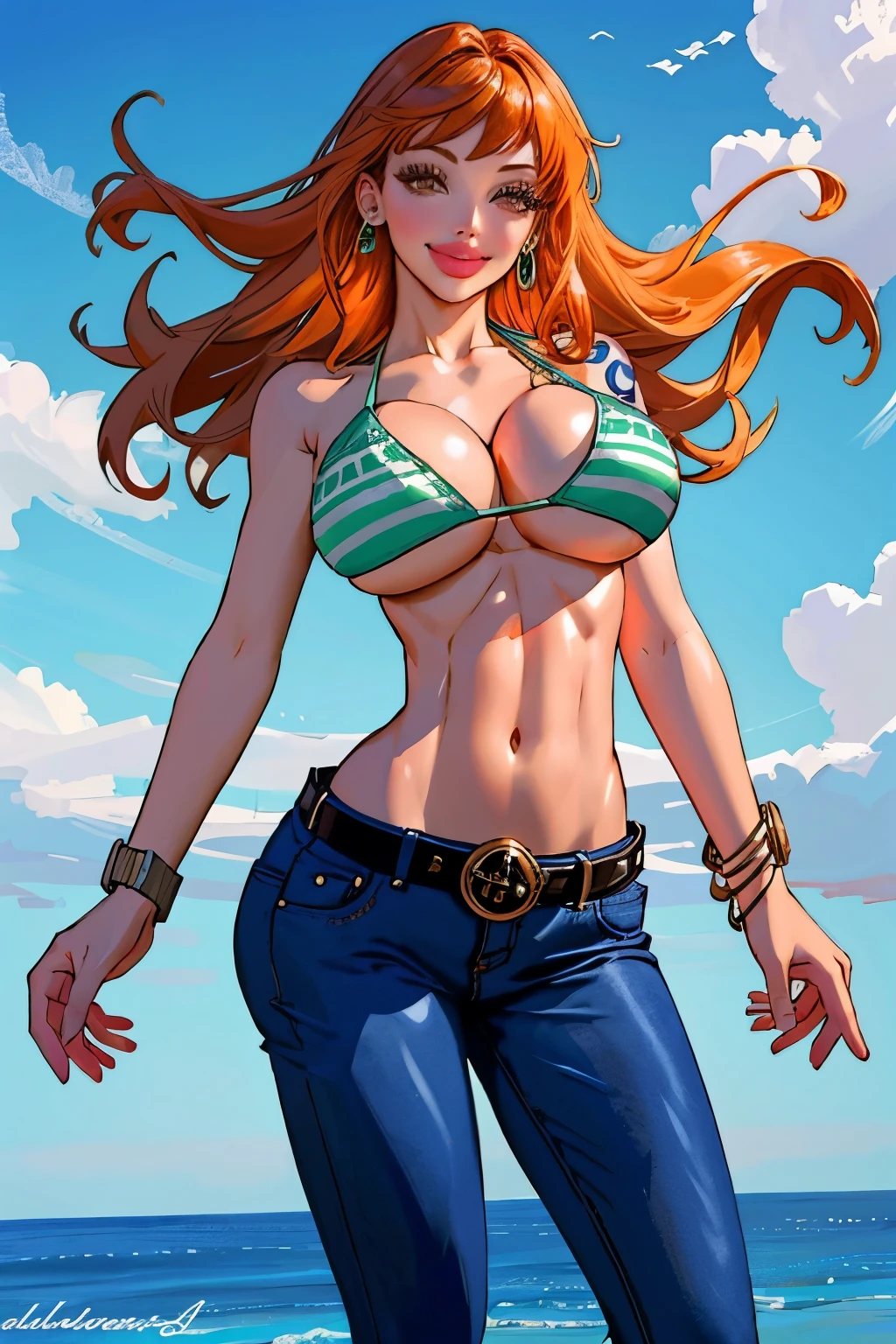 detailed background, ((masterpiece)), best quality, 1girl, solo, nami \(one piece\), 1girl, bangle, bangs, bare shoulders, belt, bikini, bikini top only, blue sky, bracelet, , brown eyes, bubble, (Aletta ocean face), ((cleavagud, cowboy shot, day, denim, earrings, (((slendered abs))), floating hair, green belt, green bikini, groin, jeans, jewelry, large breasts, log pog hair, looking at viewer, navel, orange hair, pants, shoulder tattoo, sidelocks, sky, smile, solo, standing, stomach, swimsuit, tattoo , looking at viewer