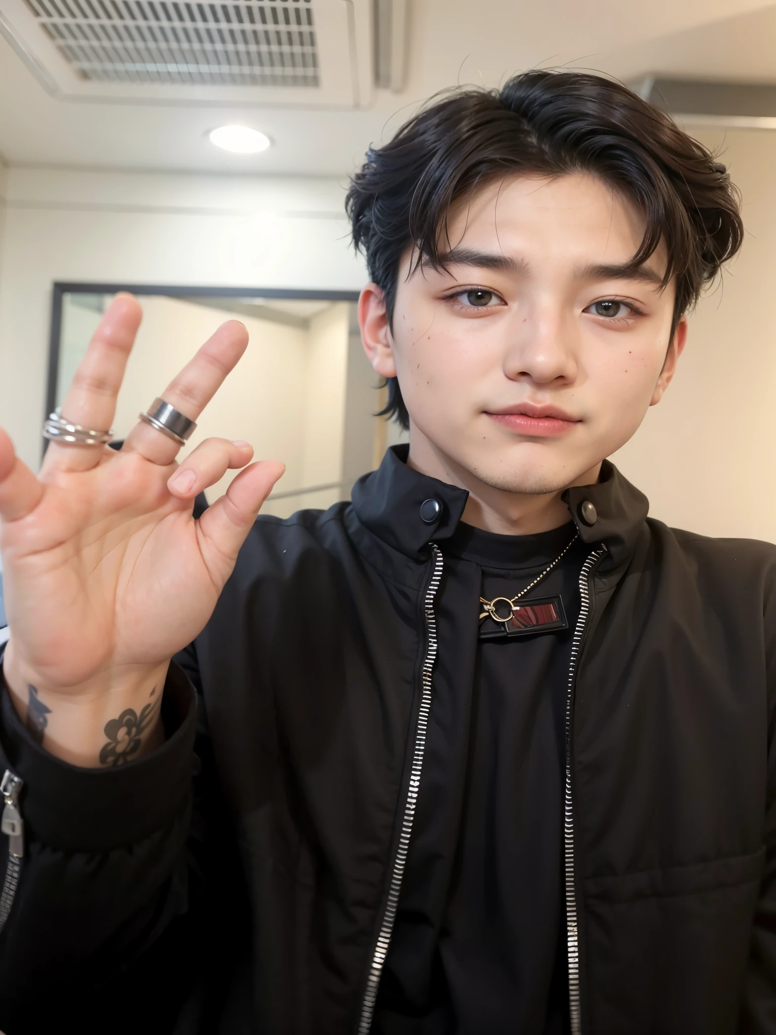 Asian man in a black jacket and a black tie holding a peace sign, Jungkook, jeon jungkook, hyung kook, jung kook, Kim jeon, com dedo indicador, taejune kim, kanliu666, adorable and pale korean face, exatamente 5 dedos, Retrato de Jeon jungkook do BTS, com tatuagem, male face, Korean boy, Korean face, handsome boy