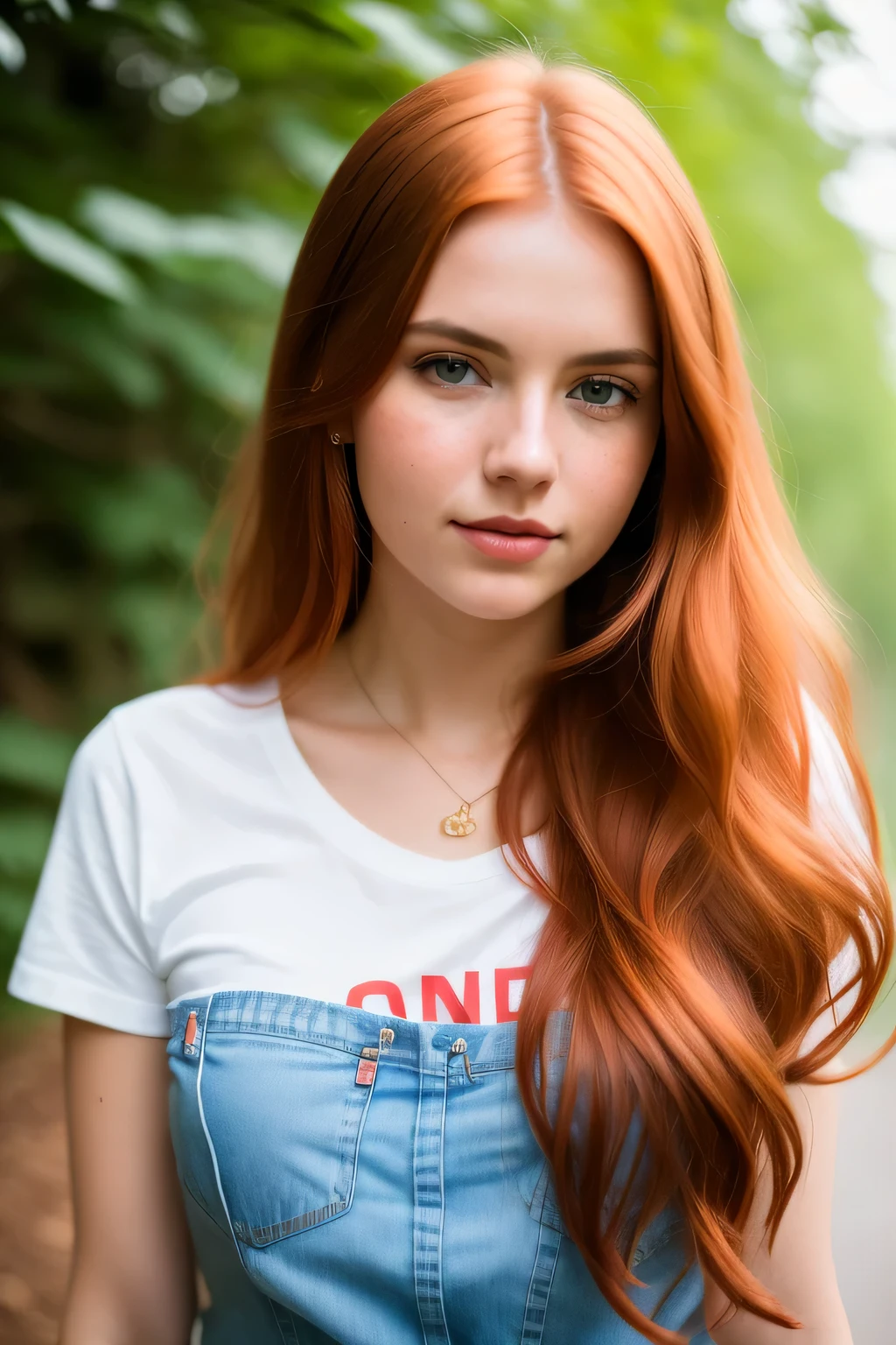 A stunning intricate full color portrait of a woman, long red hair,  wearing jeans and red t-shirt, happy, epic character composition,by ilya kuvshinov, alessio albi, nina masic,sharp focus, natural lighting, subsurface scattering, f2, 35mm, film grain, portait, closeup, very detailed skin texture  