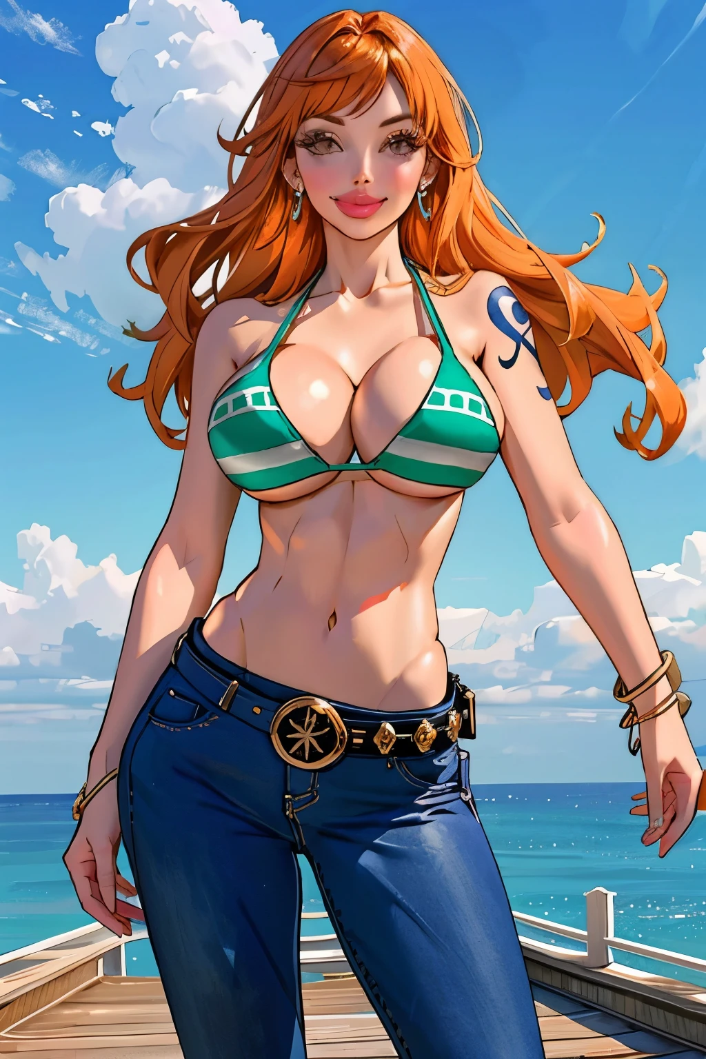 detailed background, ((masterpiece)), best quality, 1girl, solo, nami \(one piece\), 1girl, bangle, bangs, bare shoulders, belt, bikini, bikini top only, blue sky, bracelet, , brown eyes, bubble, (Aletta ocean face), ((cleavagud, cowboy shot, day, denim, earrings, (((slendered abs))), floating hair, green belt, green bikini, groin, jeans, jewelry, large breasts, log pog hair, looking at viewer, navel, orange hair, pants, shoulder tattoo, sidelocks, sky, smile, solo, standing, stomach, swimsuit, tattoo , looking at viewer