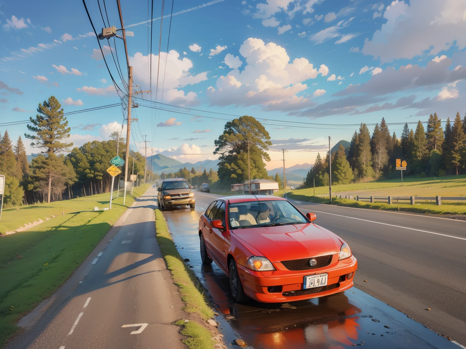 Driving along a scenic mountain road, montanhas ao fundo, desfoque de movimento, cinematographic, sunset, HDR,