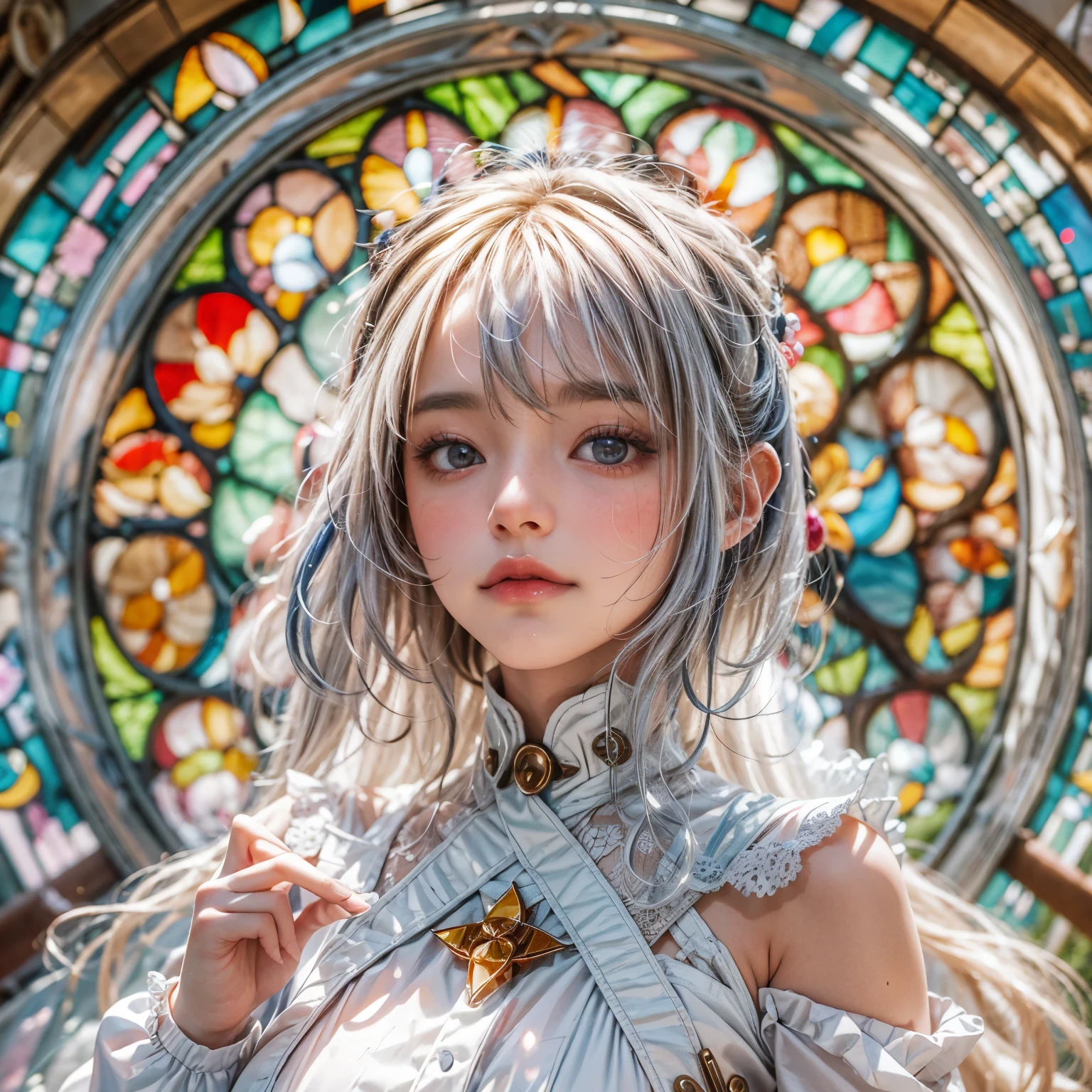KAWAII girl in ((WHITE)) (loose opened uniform), with Glossy RED lips, (Exposed:0.9), (nipple:-1), { Extremely closeup | Dynamic-angle }, ((Dazzling stained glass Background)), (( colorful Light pours down from stunning elaborate stained glass:1.2)), vivid Red colors . ((Acutance:0.8, physically-based 3D rendering with Volumetric lighting)), (masterpiece:1.2), (ultra-detailed:1.35), (realistic, photorealistic, ((photo-realistic:1.37))with touch of rawness) . ((Renbutsu Misako)), (Extremely detailed KAWAII face variations, with Dynamic expressions), (detailed eyes with sparkling highlights), captivating gaze, long eyelashes, subtle blush on the face, rosy cheeks, impeccable ivory skin texture . { full of flowers covering girl's body | Mystic sight | God rays | haze | Light Particle | Luminous Particle | Lens Flare | A Halo in the air | Overflowing underboob | Button Undoned } . (((Unaligned fingers:-0.9))) .