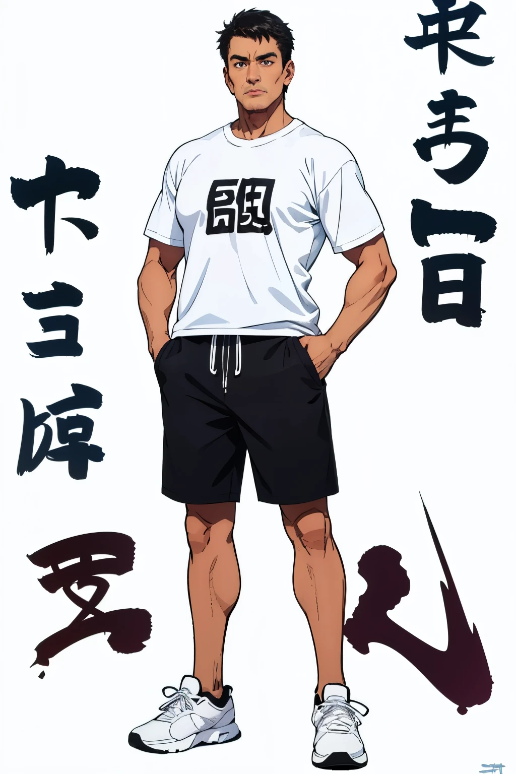 (no background、white background:1.4)、(Standing picture)、Japanese、a man in his 40s、1 person、 muscular、pectoralis major、he has short black hair、 strong jaw line、He is wearing a T-shirt, bad face、((whole body、stand))、Sneakers、tanned skin、