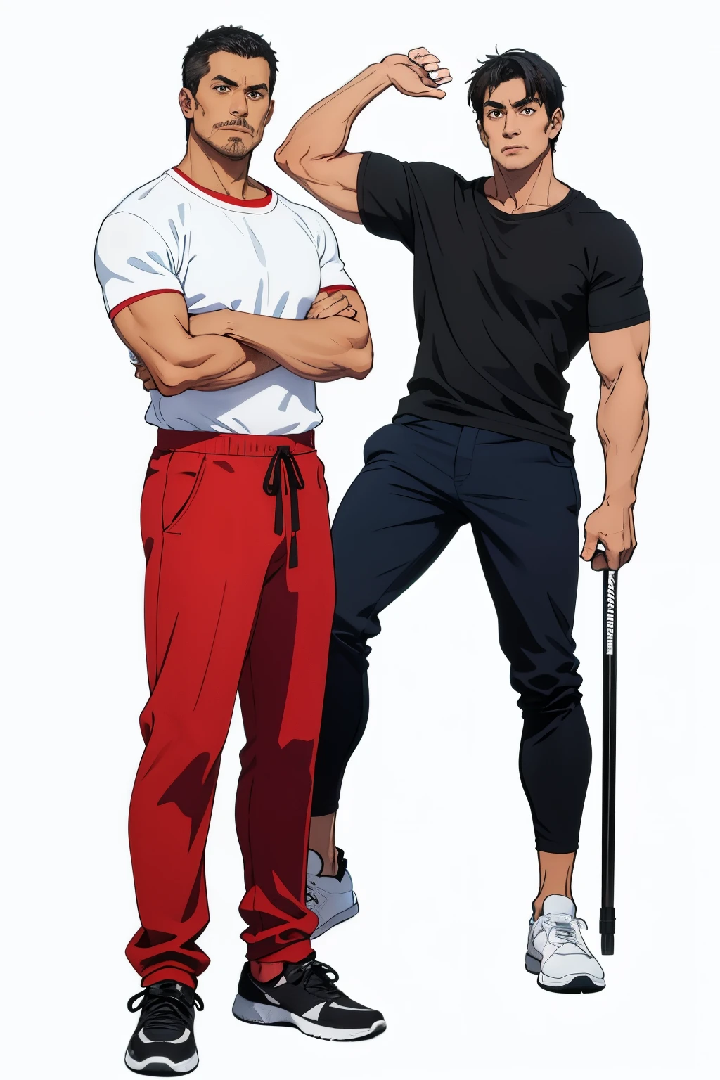 (no background、white background:1.4)、(Standing picture)、Japanese、a man in his 40s、1 person、 muscular、pectoralis major、he has short black hair、 strong jaw line、He is wearing a T-shirt, bad face、((whole body、stand))、Sneakers、tanned skin、