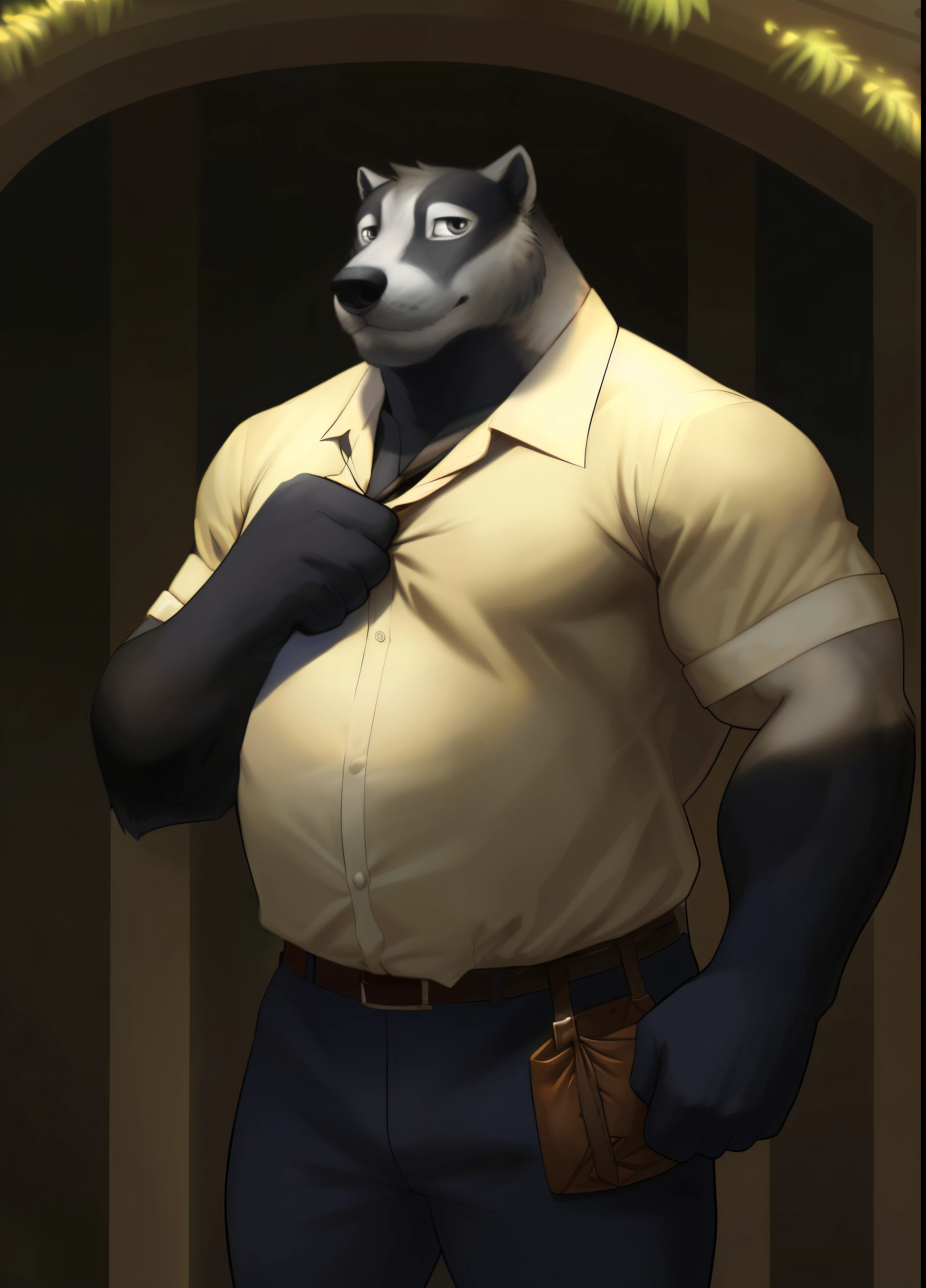 Nikolai Krol, One, only, plump, life, thick, black fur, (Outside:1.3), (posing:1.3), (soft shading), 4K, This&#39;it&#39;s empty here, ((detailed face, (detailed eyes:1.0), detailed)), (whole body), от zackary911, from Saus, (According to the staff:0.5), Looking at the viewer, short hair, shirt, 1 boy, navel, male focus, Open clothes, tie, collared shirt, belt, trousers, stomach, open shirt, formal, strip, bare pectoral muscles, loose tie, mercenary, tie removed