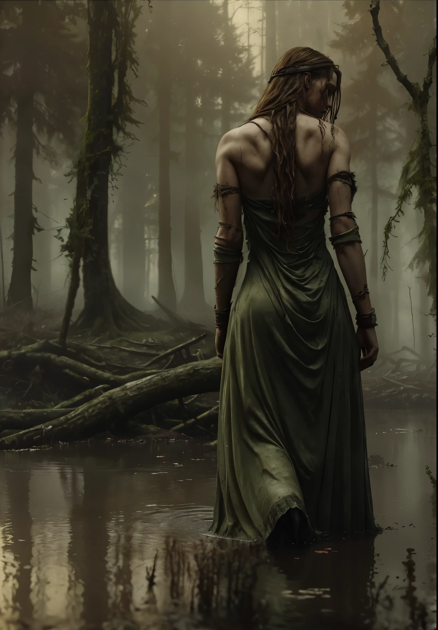 ((masterpiece)),((best quality))forest, fantasy, depressing, desolate, female, woman as Ophelia, drowned woman, strong body, walking, derelict, post apocalyptic, volumertic light, mist, fog, dark water, artstation, unreal engine, concept art, highly detailed, dramatic,