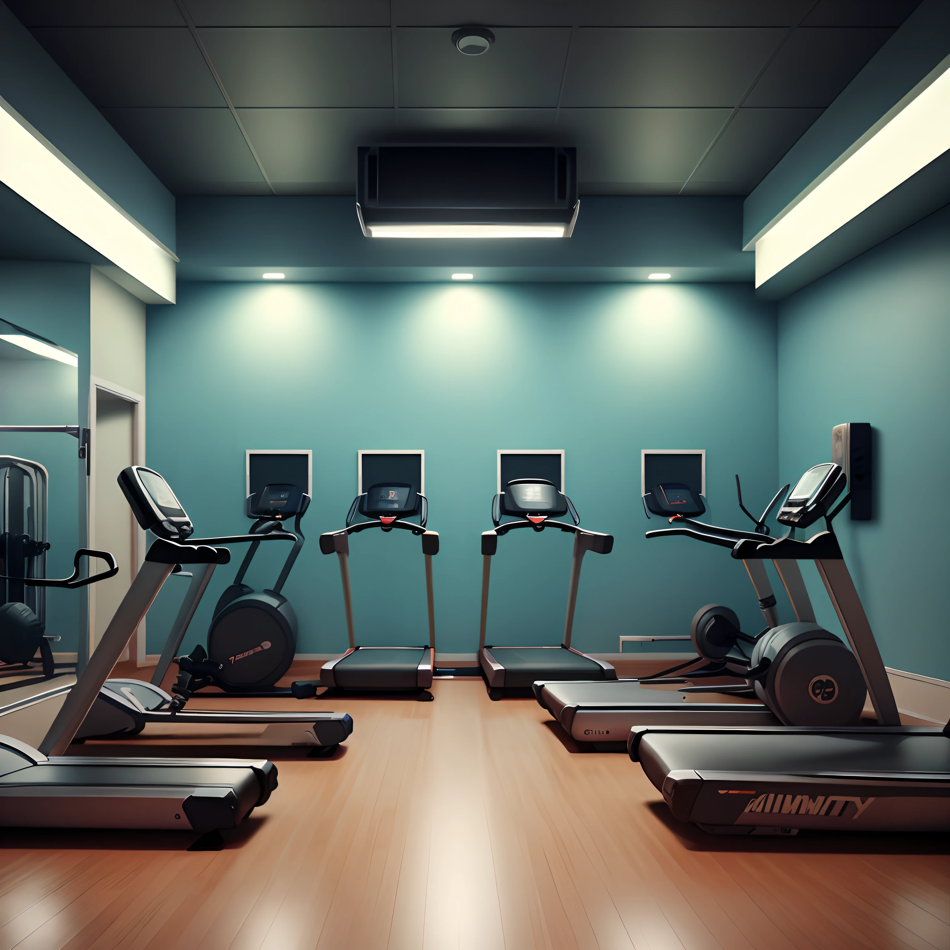 Lofi style gym at night with dim lighting