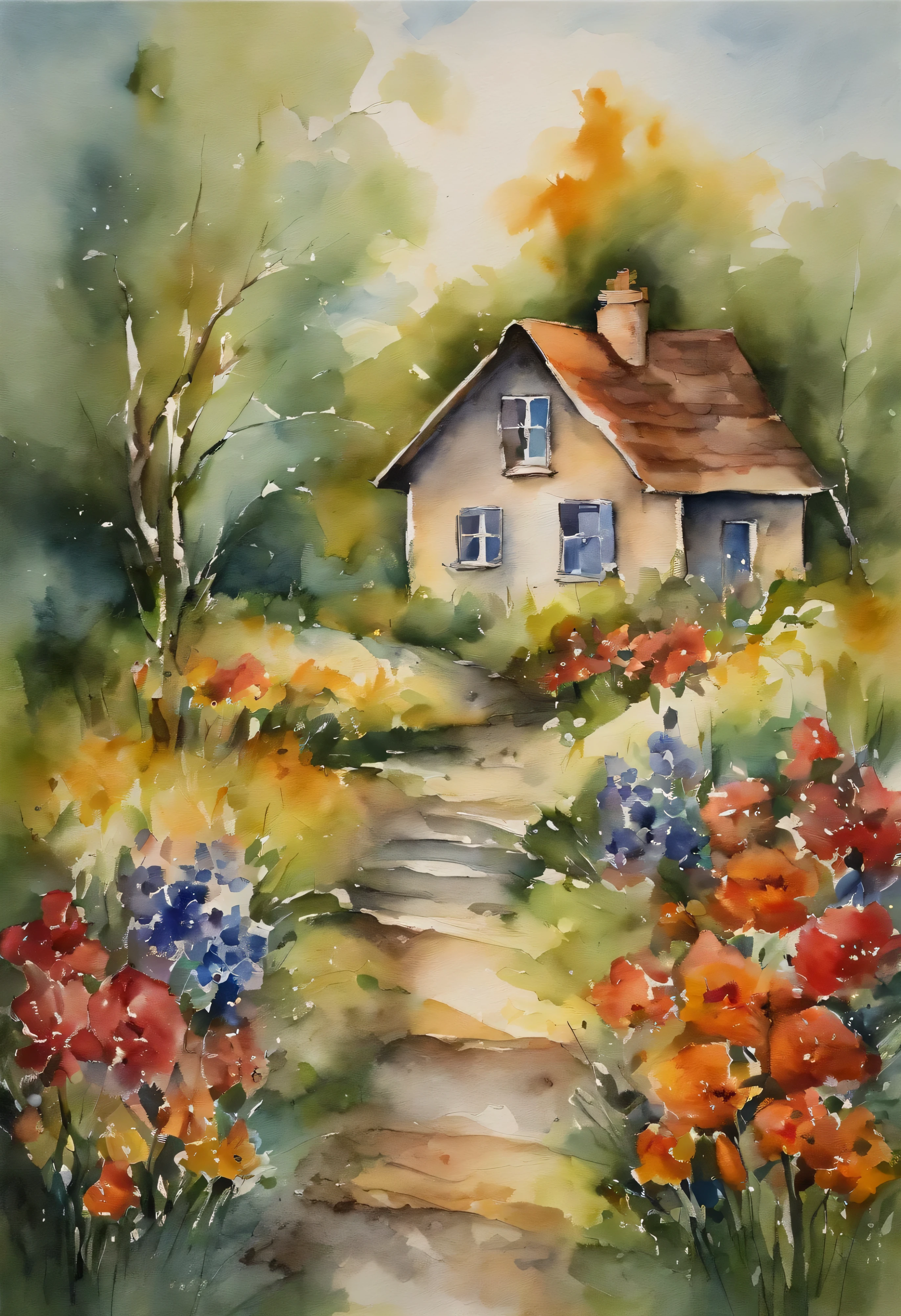 A mesmerizing 100% reverse watercolor painting showcasing the beauty of A collection of brush strokes In the form of parts of houses and flowers in seaside,here are hints of trees , and possibly a flowers in forest , not clearly defined random, infused with Mary Cassatt's tender strokes, the reverse watercolor technique creating an abstract and vibrant representation, Reverse watercolor painting on handmade watercolor paper, --Ar 1:1 --v 5
