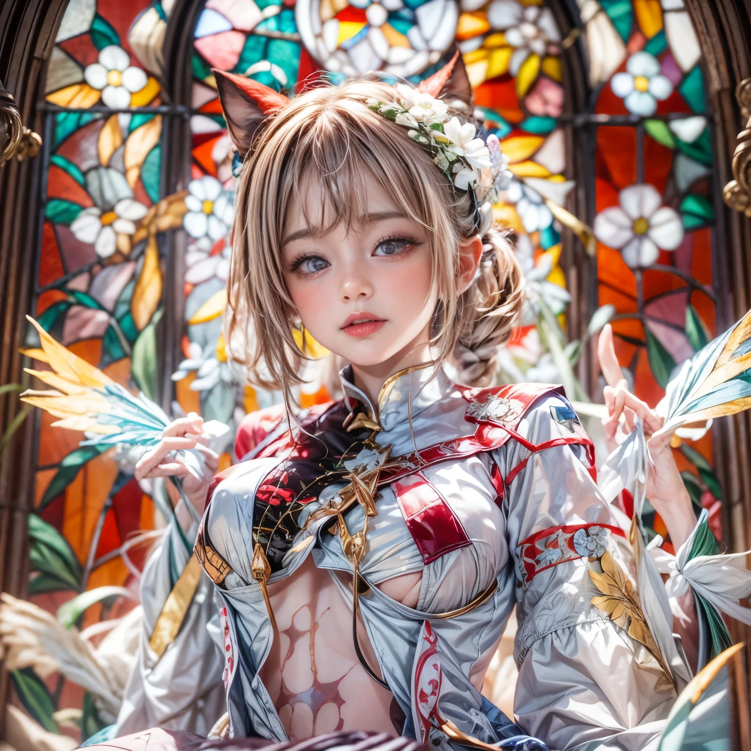 KAWAII girl in ((WHITE)) (loose opened uniform), with Glossy RED lips, (Exposed:0.9), (nipple:-1), { Extremely closeup | Dynamic-angle }, ((Dazzling stained glass Background)), (( colorful Light pours down from stunning elaborate stained glass:1.2)), vivid Red colors . ((Acutance:0.8, physically-based 3D rendering with Volumetric lighting)), (masterpiece:1.2), (ultra-detailed:1.35), (realistic, photorealistic, ((photo-realistic:1.37))with touch of rawness) . ((Renbutsu Misako)), (Extremely detailed KAWAII face variations, with Dynamic expressions), (detailed eyes with sparkling highlights), captivating gaze, long eyelashes, subtle blush on the face, rosy cheeks, impeccable ivory skin texture . { full of flowers covering girl's body | Mystic sight | God rays | haze | Light Particle | Luminous Particle | Lens Flare | A Halo in the air | Overflowing underboob | Button Undoned } . (((Unaligned fingers:-0.9))) .