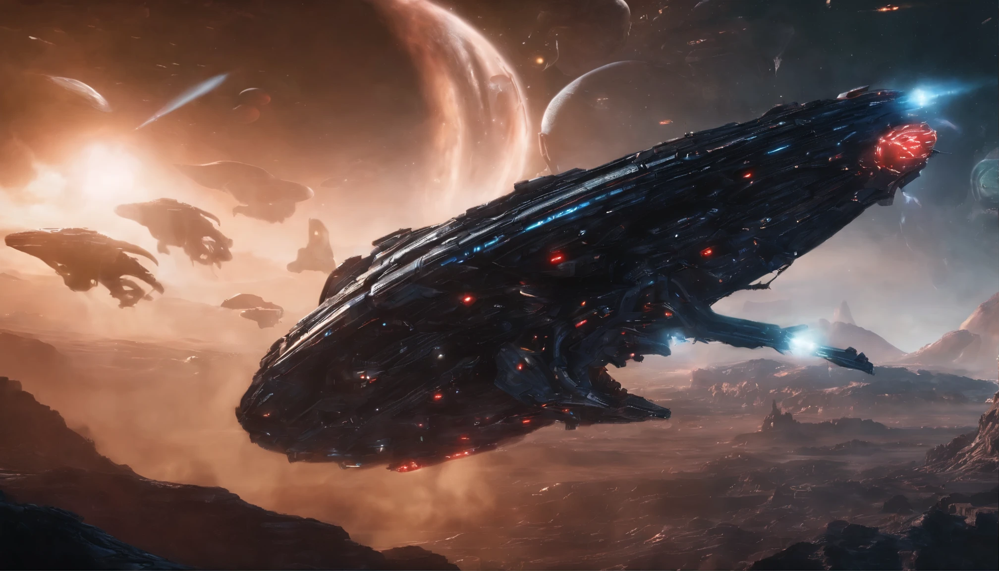 A cinematic scene, huge spaceships engage in a space battle, laser beams, tracers, explosions Destruction and volumetric lighting,(Very detailed, octane rendering)