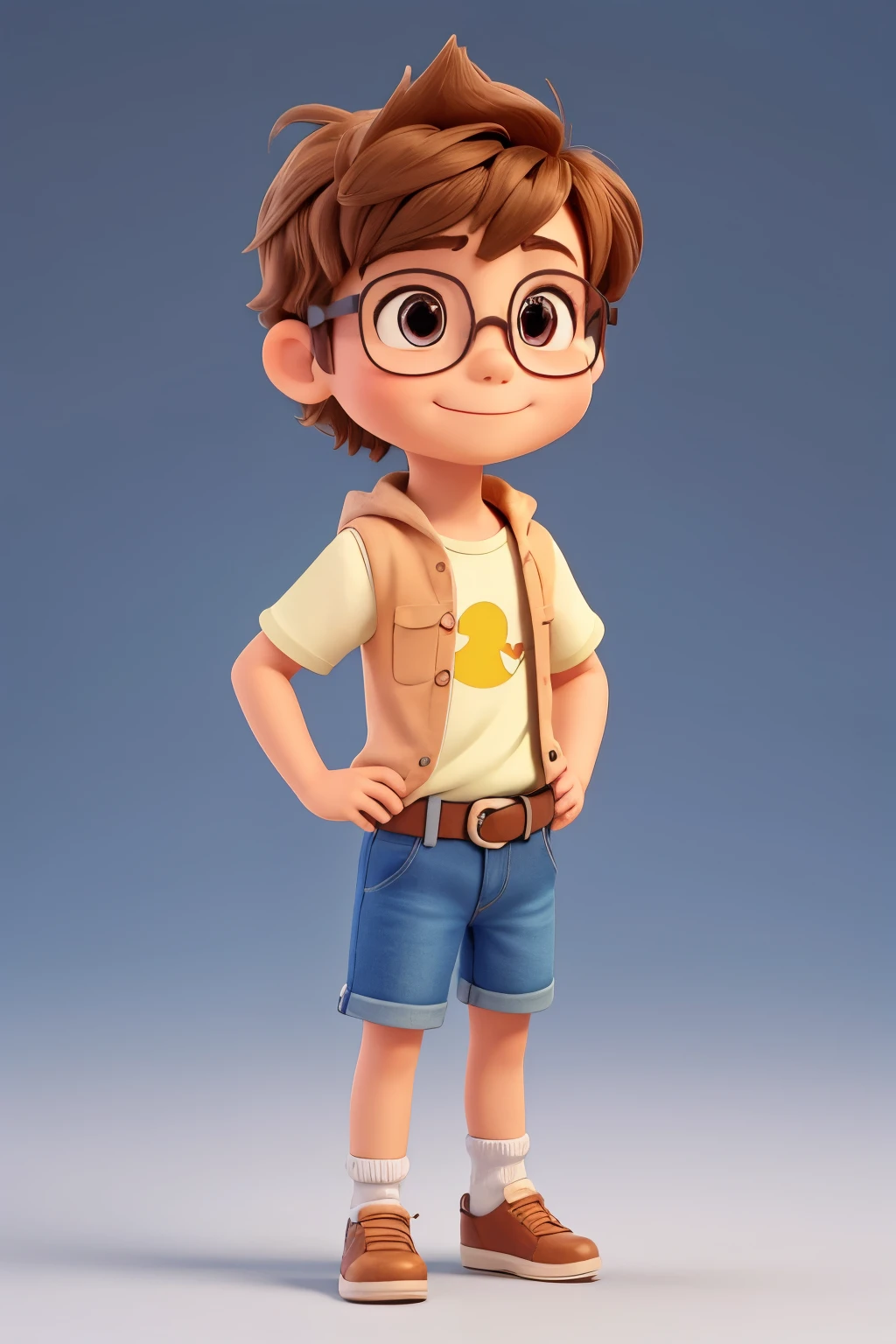 the little exploring hero, Various poses and expressions, em fundo branco, simple book illustrations style, fofo, 6 anos, cores, cabelos dourados e espetados, olhos curiosos e brilhantes, roupas alegres e coloridas, camisa de manga curta, short jeans, sem cinto, with glasses, sapatos leves e resistentes, Radiant smile and small, agile size in illustration