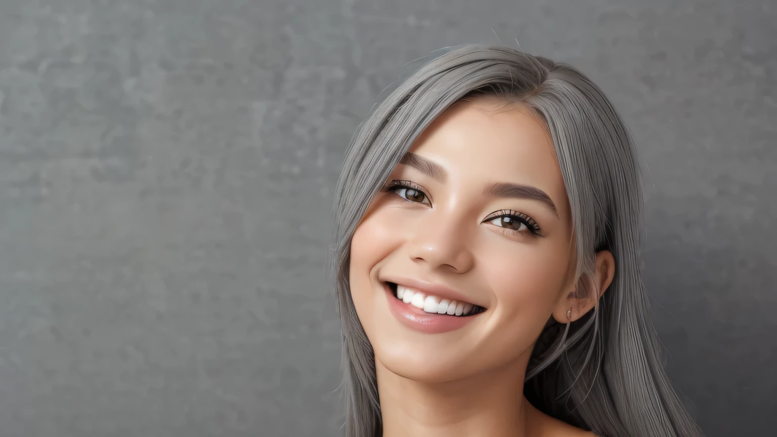 (gray background:1.5), (lifelike:1.4), (best quality:1.0), (ultra high definition:1.0), 8k, original photo, (masterpiece:0.2), 1 girl, beautiful skin, delicate skin, bright smile, teeth, (:1.5)