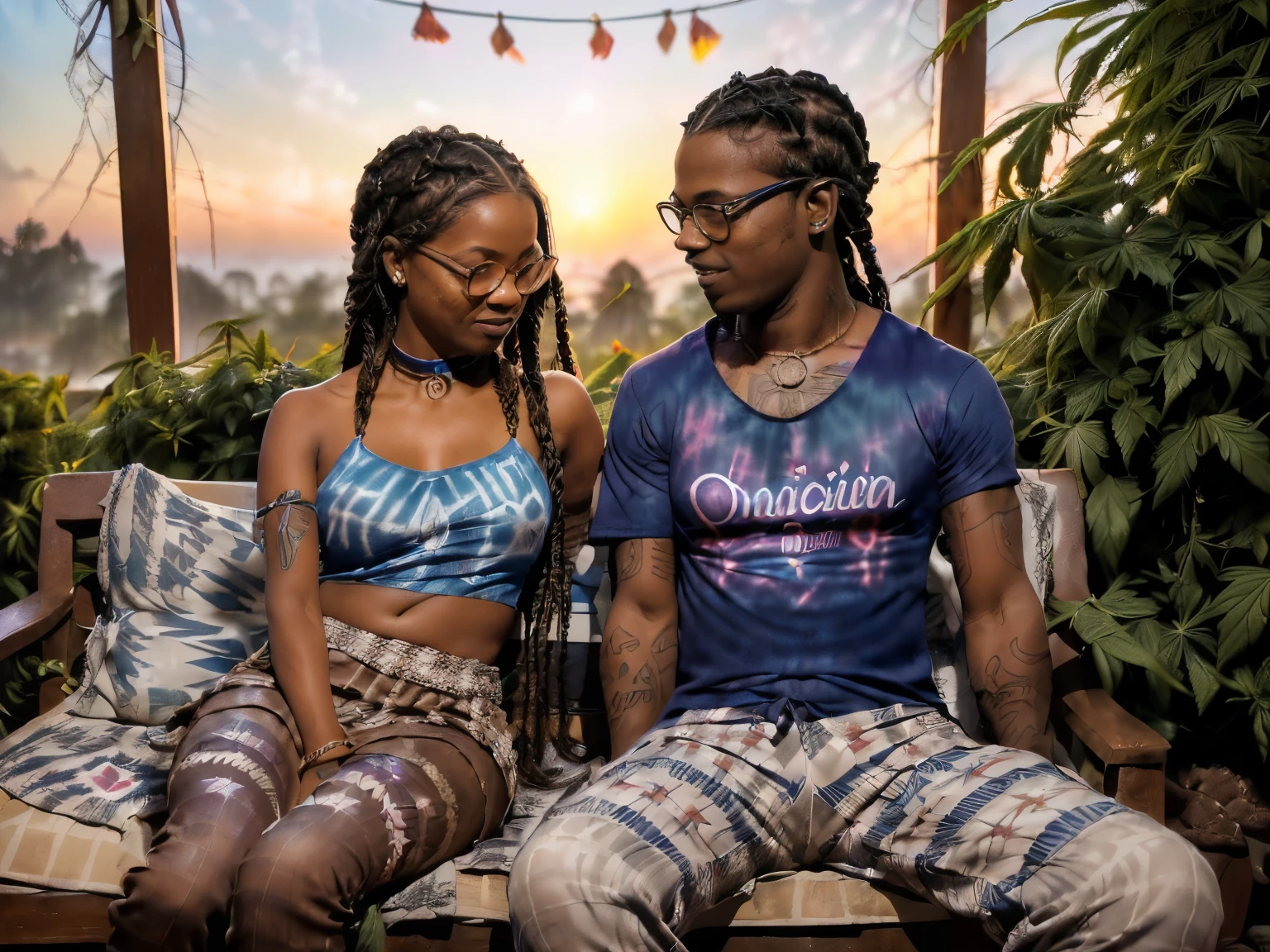 Photo of two people in love spending a quiet morning together, {((joyful ((lithe short ((dark-skinned Honduran)) punk girl with long freeform braided locs hairstyle and hairy legs)) (wearing cropped punk T-shirt and pleated skirt with fishnet stockings), plump thighs and soft big jiggly butt, (wearing diamond choker necklace), (cannabis flower tattoos on arms and legs), plump legs spread apart}, girl  sitting next to a ((cheerful tanned Haitian Dominican boy with long braided hair and glasses wearing colorful shirt with black jeans)) in middle of garden rolling up herbal joint while peacefully observing the sunrise, high quality photo, sitting quietly (with many cannabis sativa plants and juniper shrubs in garden during foggy sunrise)