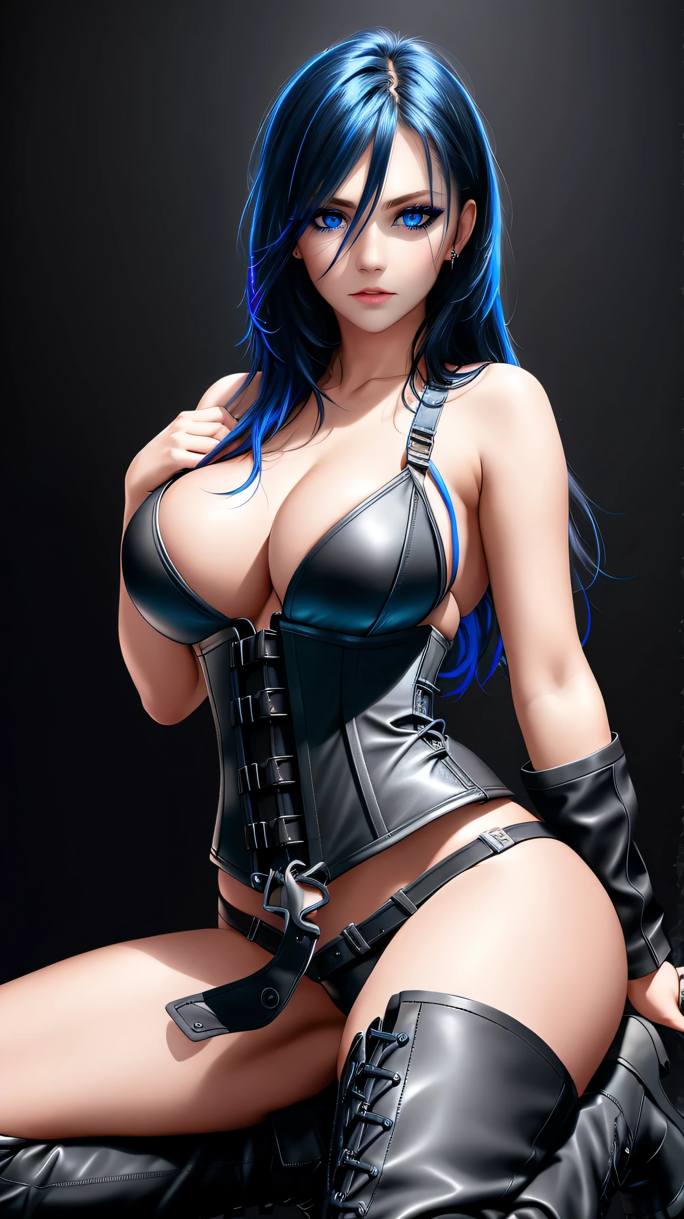 beautiful girl, full body, bright blue neon streaked dishevelled hair, ((large light realistic detailed eyes:1.3)), ((seductive pose:1.5)), ((nice tits:1.4)), black eyeshadow, (black leather corset bikini:1.2), ((leather boots:1.3)),  ((dark plain black background:1.4)), dark makeup, digital art, trending on artstation, highly detailed, fine detail, intricate, beautiful detailed glow, detailed, Cinematic light, high-res, detailed facial features, sharp focus, smooth, aesthetic,