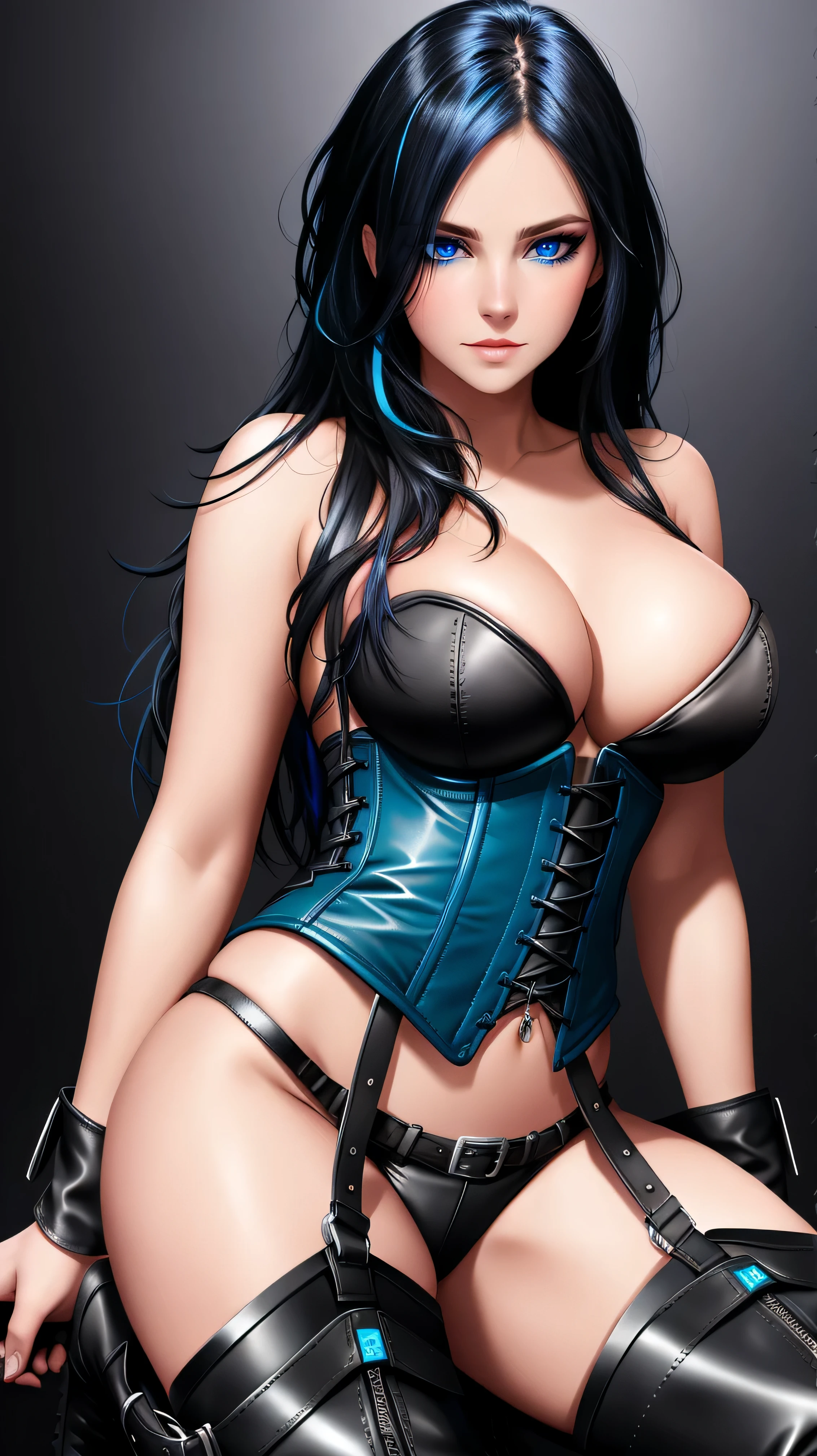 beautiful girl, full body, bright blue neon streaked dishevelled hair, ((large light realistic detailed eyes:1.3)), ((seductive pose:1.5)), ((nice tits:1.4)), black eyeshadow, (black leather corset bikini:1.2), ((leather boots:1.3)),  ((dark plain black background:1.4)), dark makeup, digital art, trending on artstation, highly detailed, fine detail, intricate, beautiful detailed glow, detailed, Cinematic light, high-res, detailed facial features, sharp focus, smooth, aesthetic,