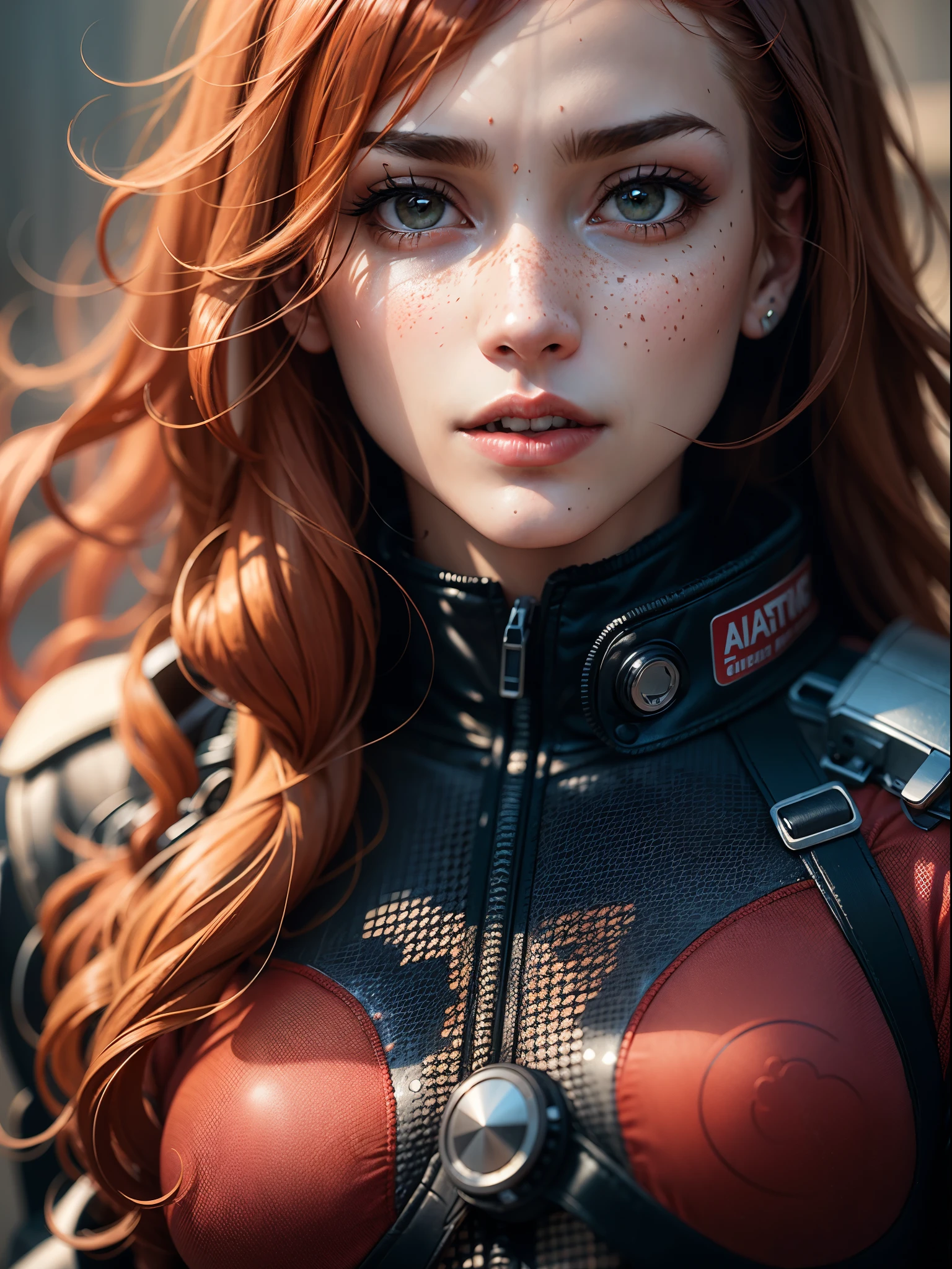 hard breasts, redhead, red hair, freckles, long straight hair, European youth, perfect body, (perfect body), motorbike pilot suit, fashion photorealism, photography, sharpness, unique 850 4, koda850 k portrait camera, f1.6 lens, rich color, hyperrealistic texture, spectacular light texture, surreal art, Cinestil 800 fashion mechanism